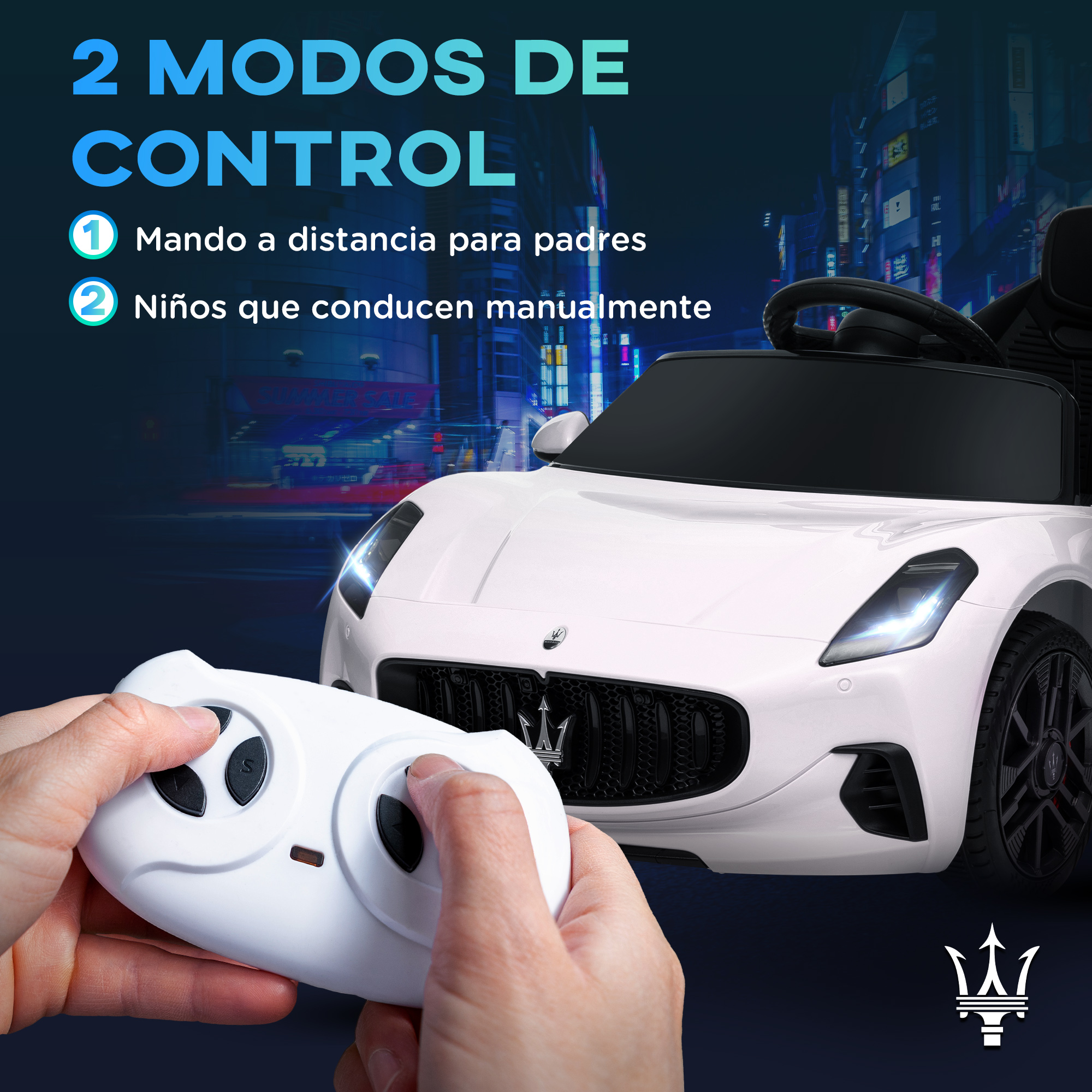 Un coche de juguete Maserati blanco con un control remoto, con un fondo de ciudad nocturna.
