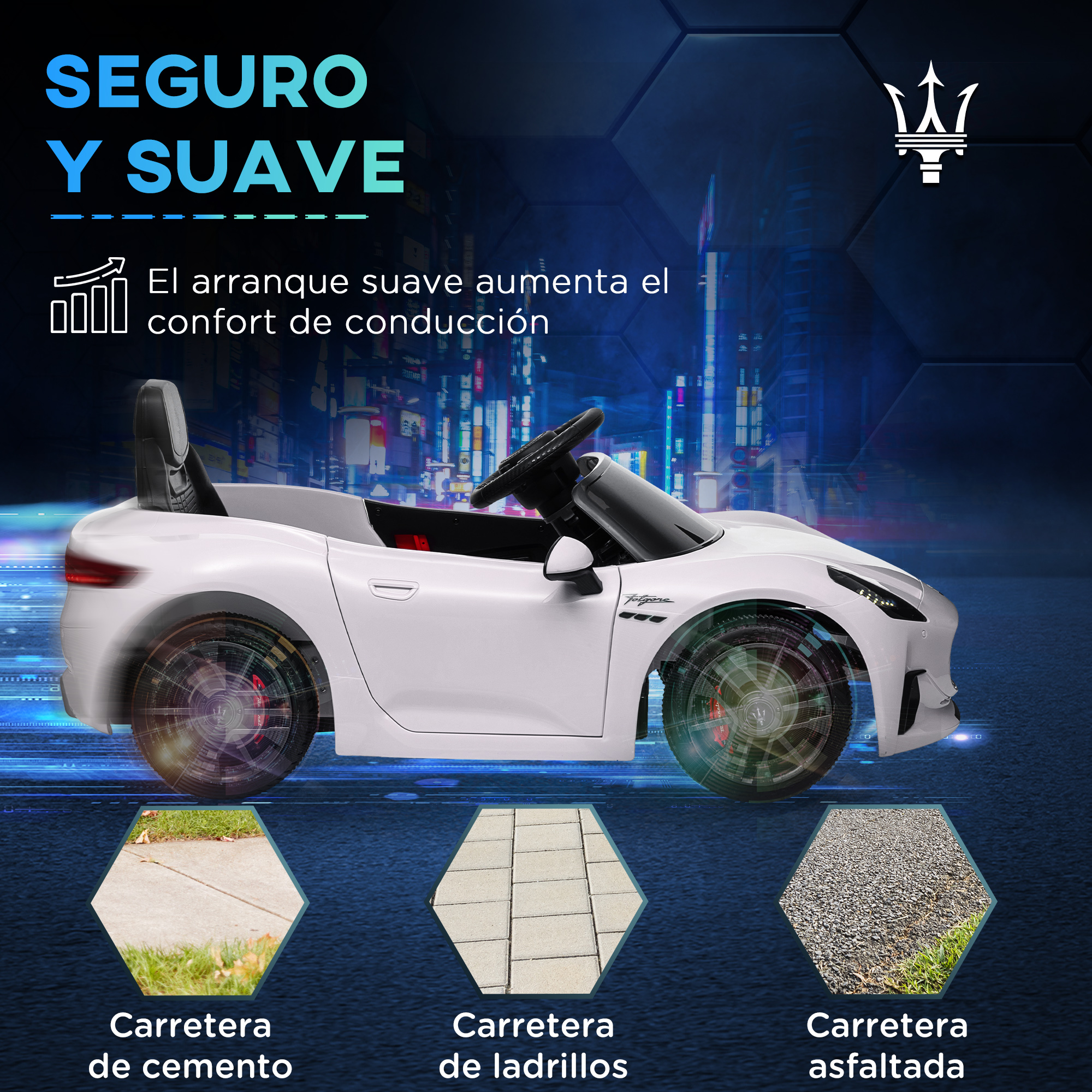 Un coche de juguete blanco sobre un fondo urbano, el coche es blanco.