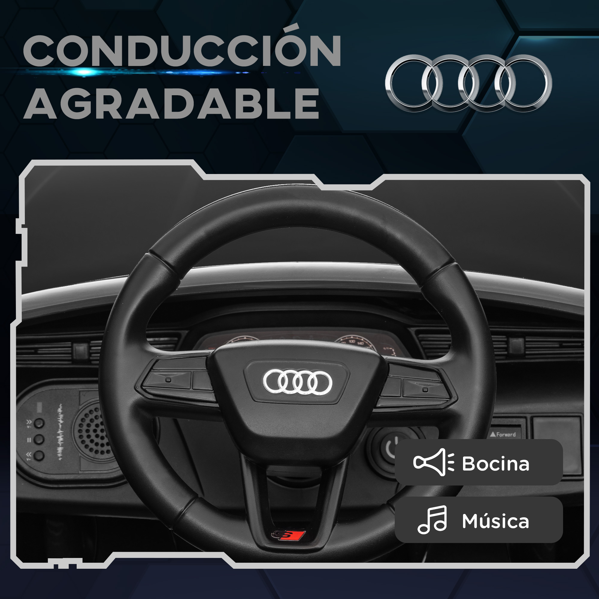 Volante negro de Audi. Botones de bocina y música visibles.