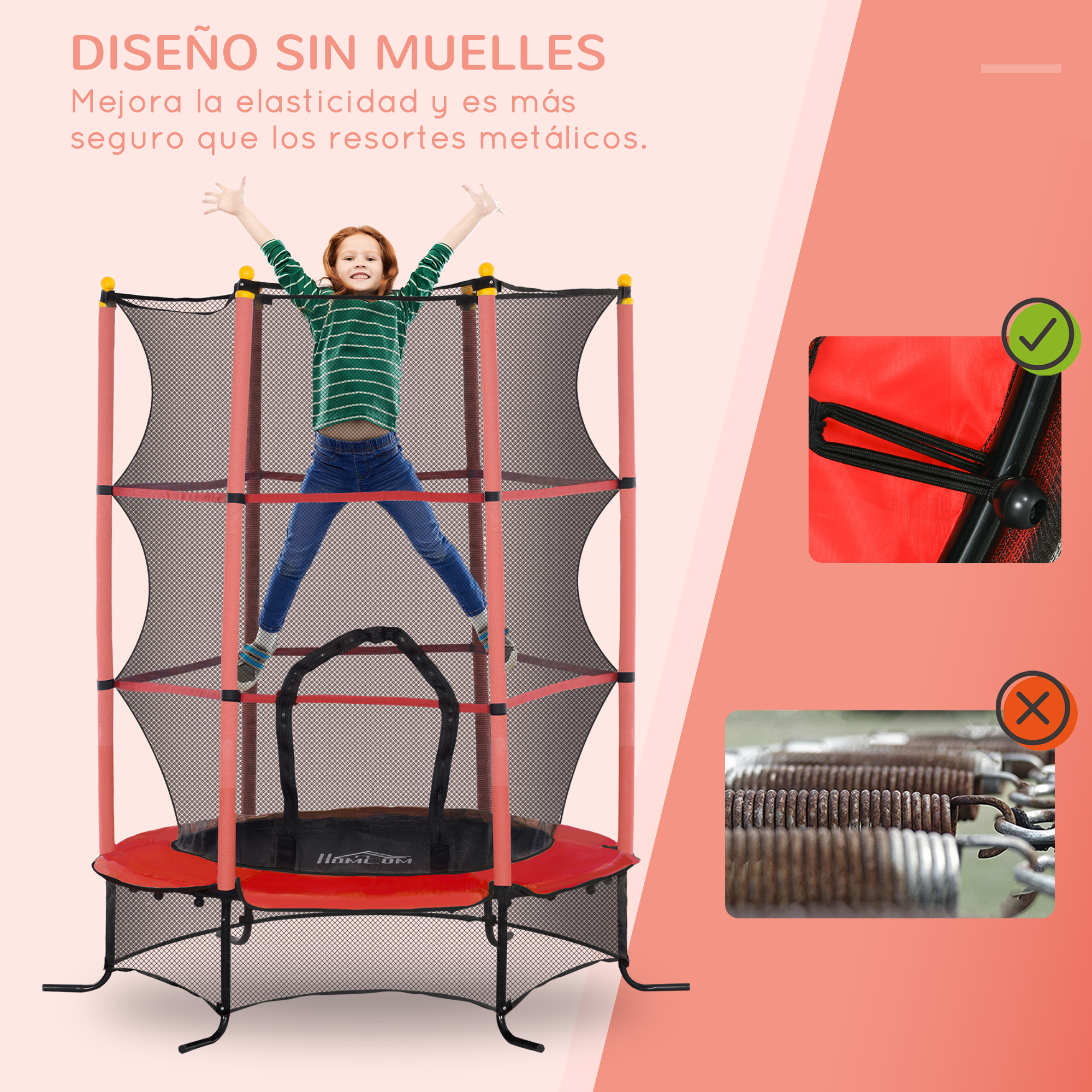 Un niño en una cama elástica roja y negra. El texto indica que el diseño no tiene resortes, con un diagrama.