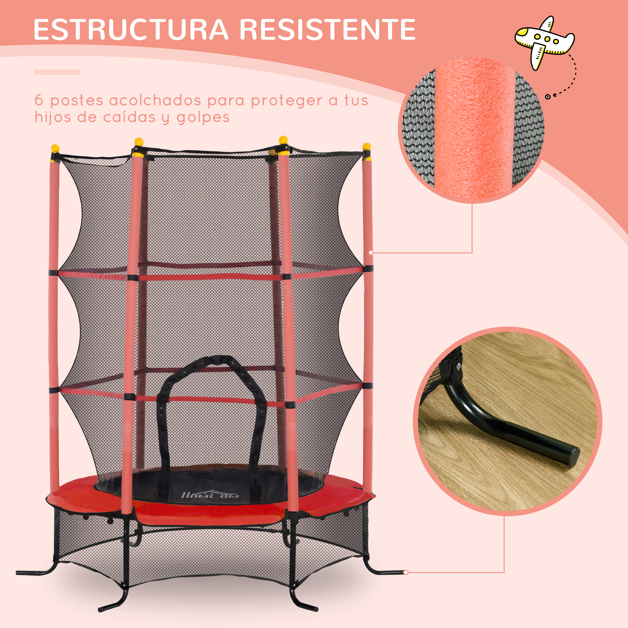 Cama elástica roja y negra con red de seguridad y acolchado, con texto en español.