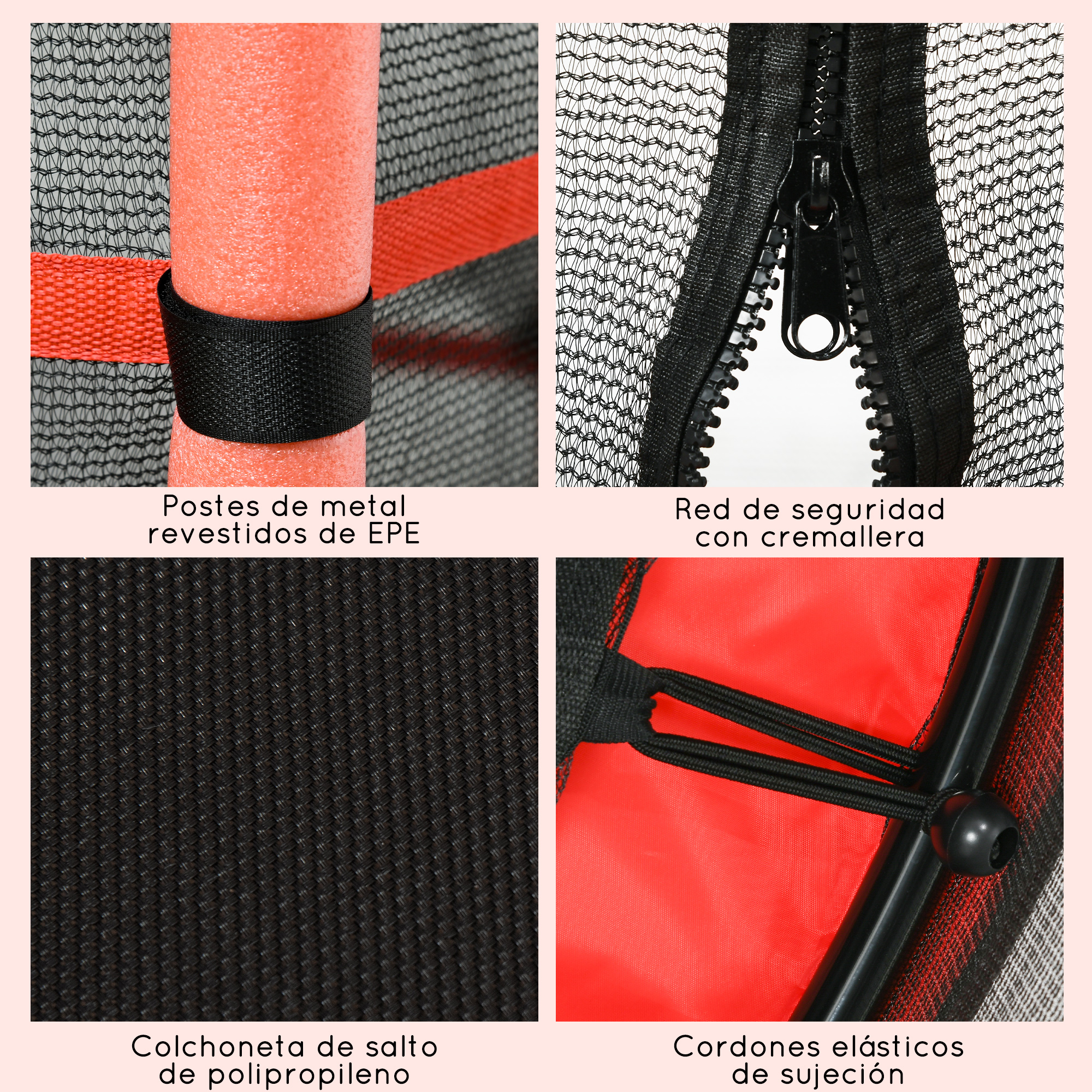 Primeros planos de las partes de un trampolín: postes de metal, cremallera, colchoneta de salto y cuerdas elásticas.