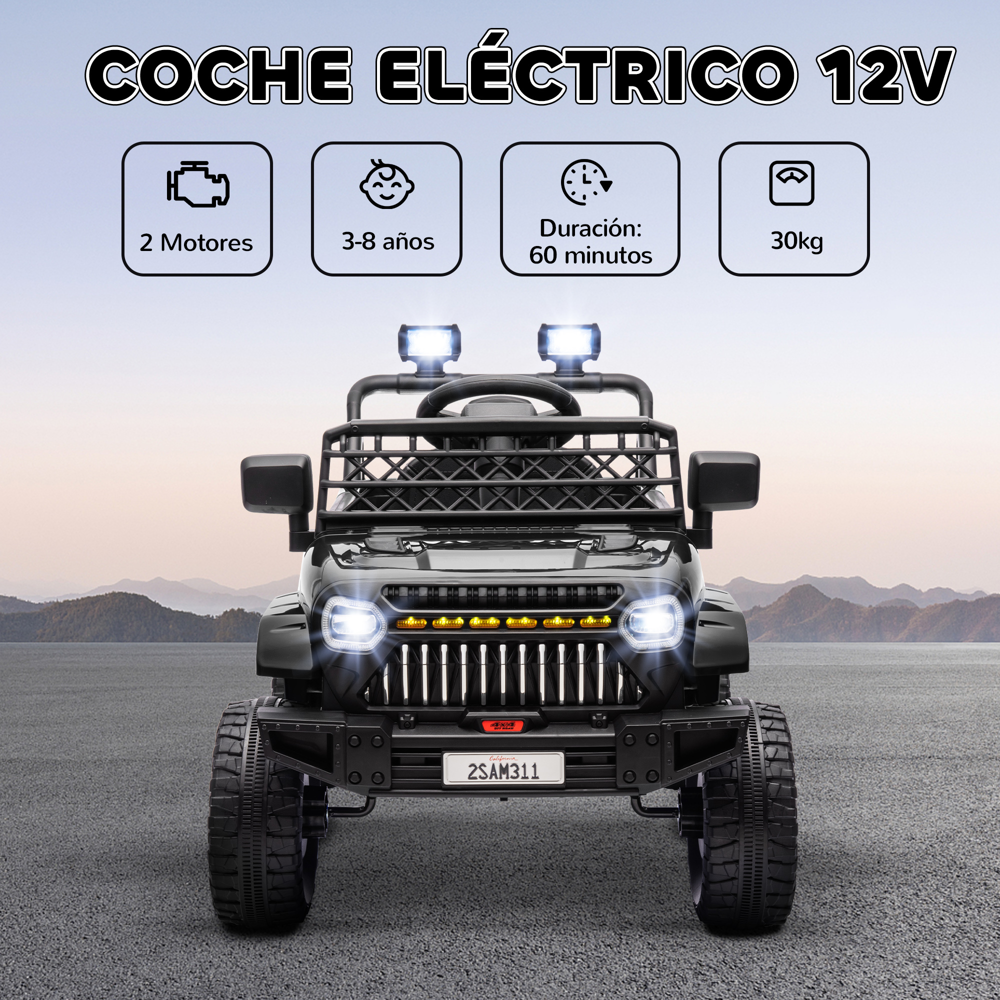 Coche eléctrico negro con luces y múltiples funciones.