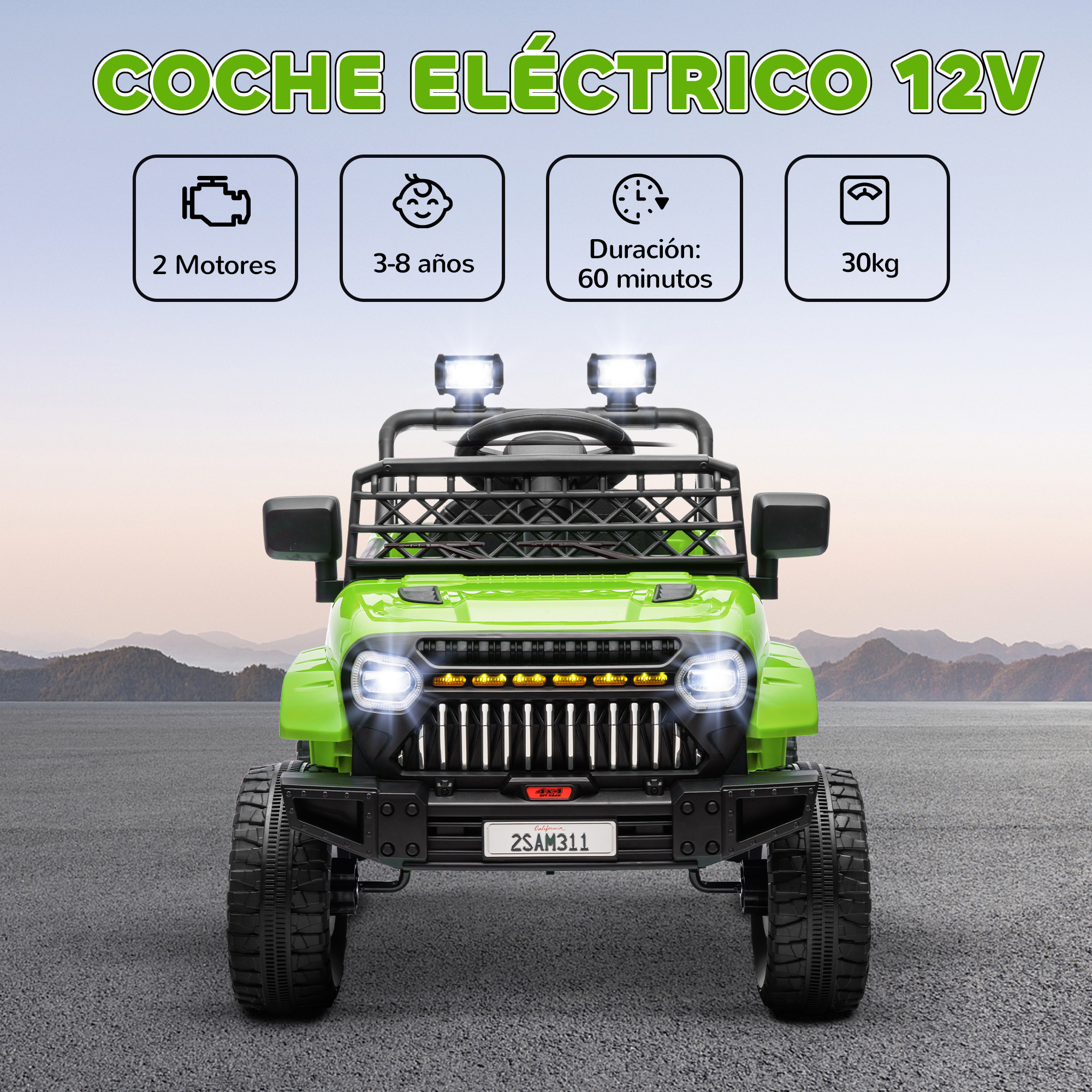 Coche eléctrico verde de juguete con 2 motores. Incluye info: edad 3-8, 60 min de uso, 30kg máx.