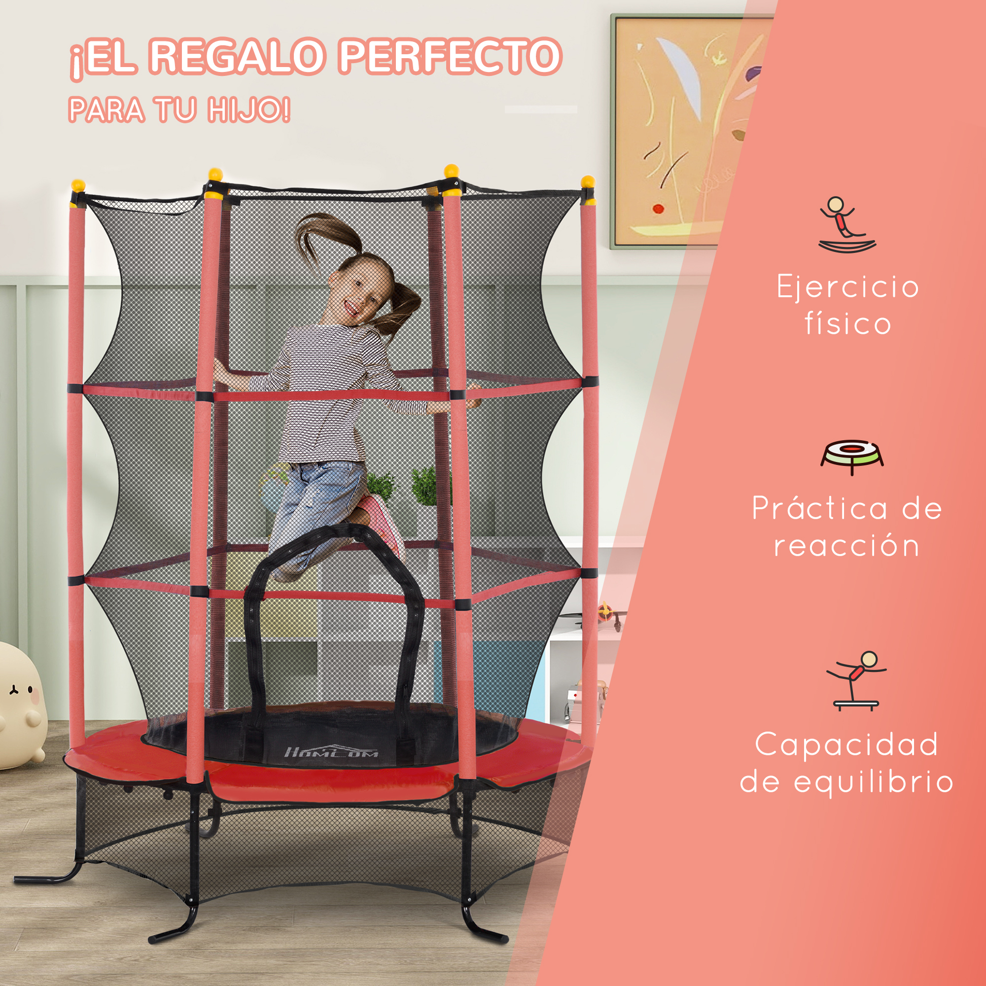 Una niña saltando en un trampolín rojo y negro. Tiene una red de seguridad y se promociona como un regalo para un niño.