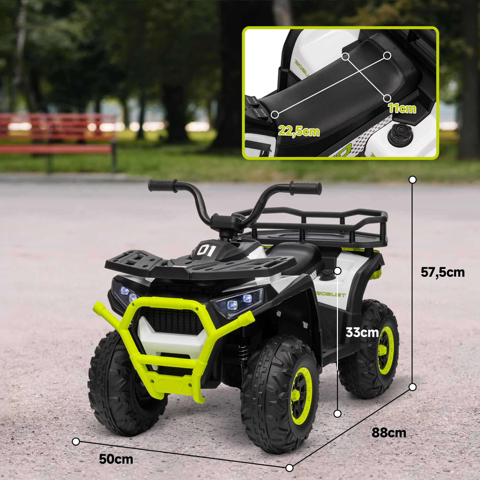 Un ATV blanco y negro con parachoques delantero amarillo y luces. Se muestran las dimensiones.