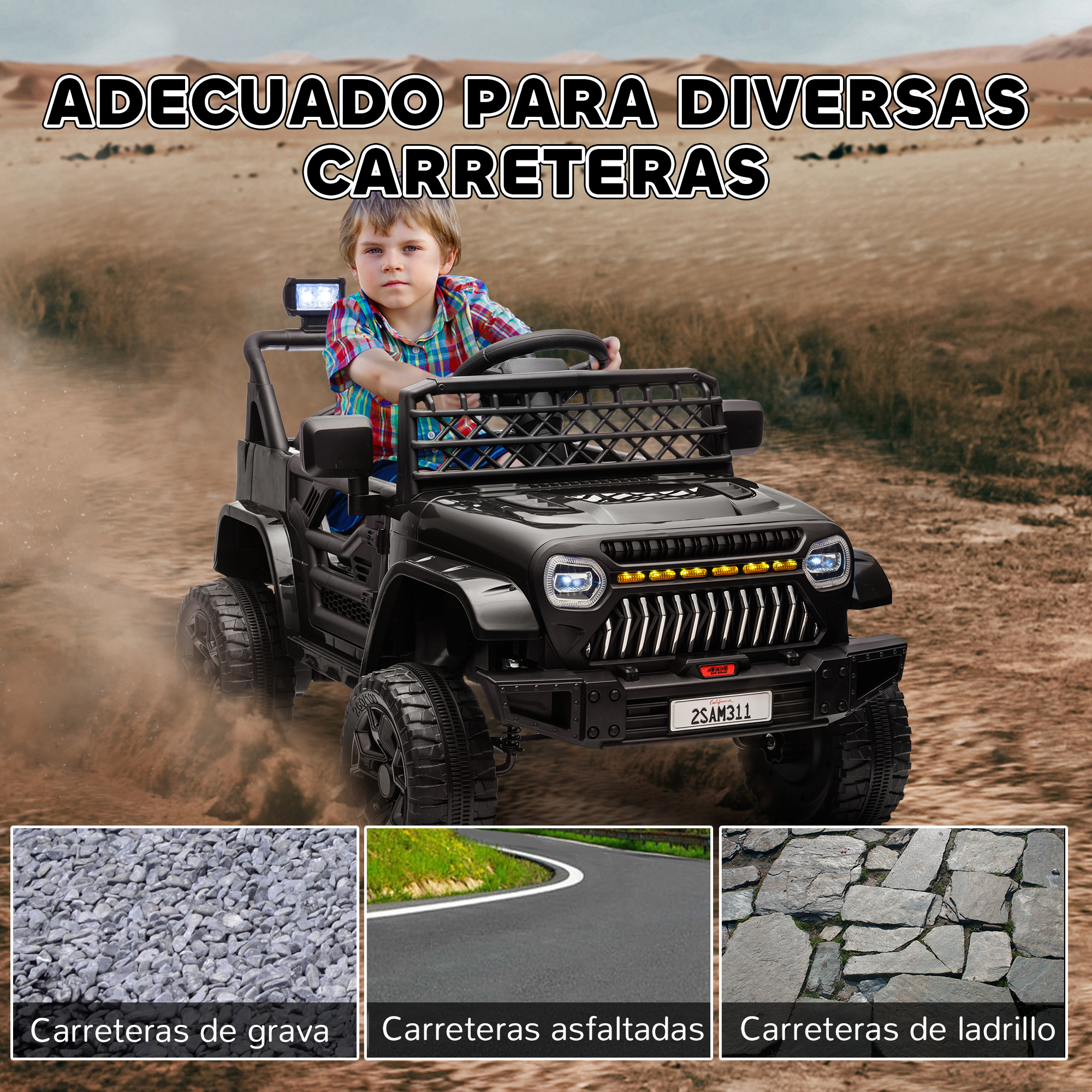 Jeep de juguete negro conduciendo por carreteras de grava, asfalto y ladrillo, con un niño pequeño al volante.