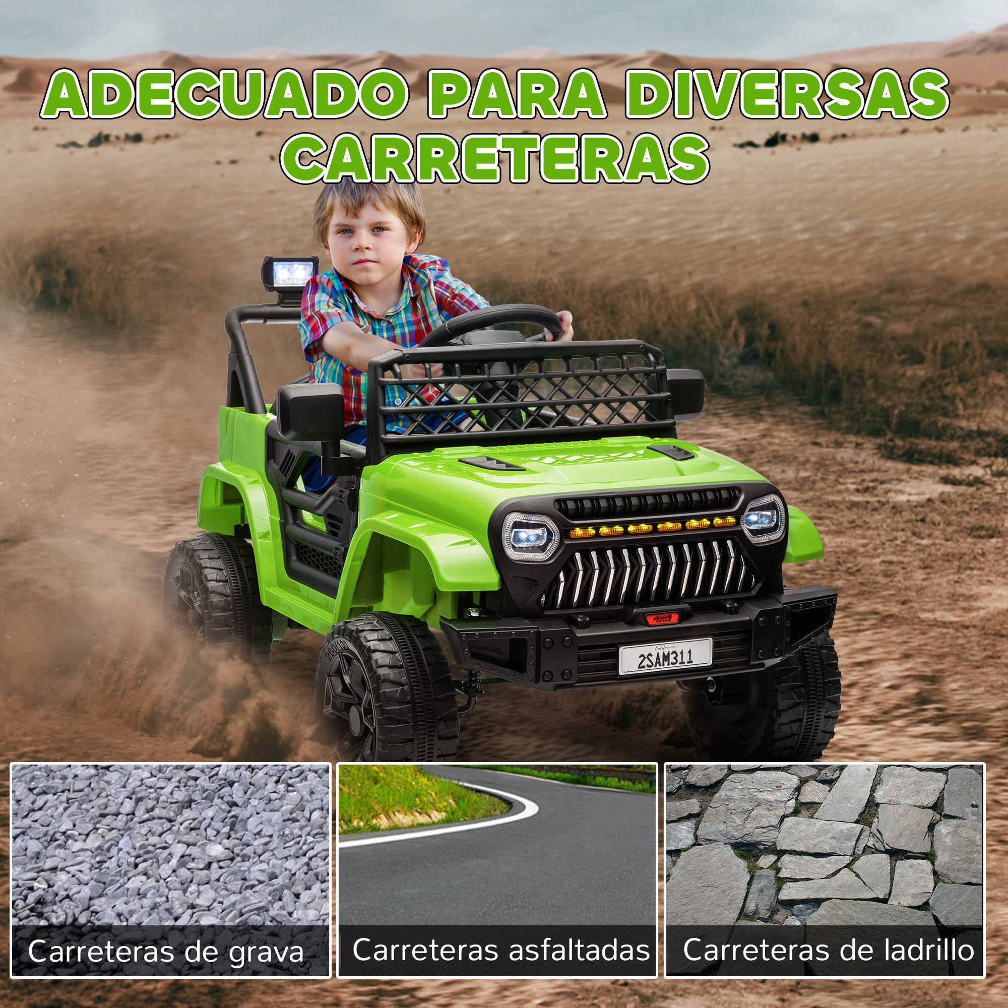 Niño conduciendo un coche de juguete verde en un camino de tierra. Imágenes de grava, asfalto y ladrillo.