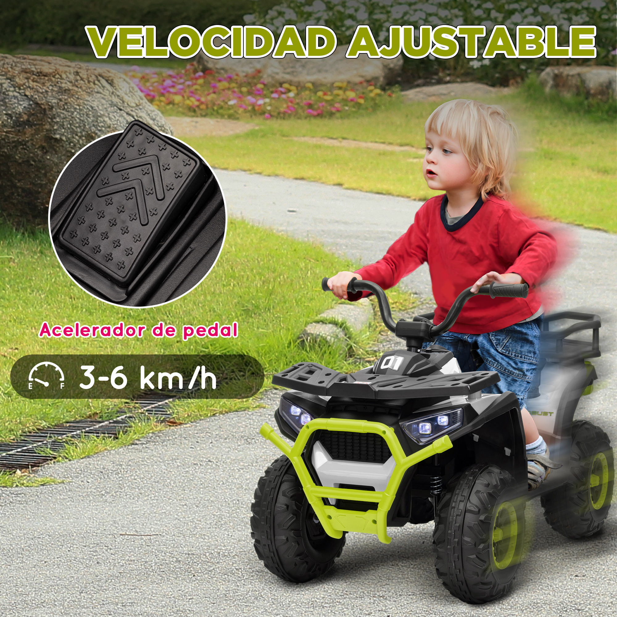 Niño montando un vehículo todoterreno de juguete negro y verde. Pedal acelerador, 3-6 km/h.