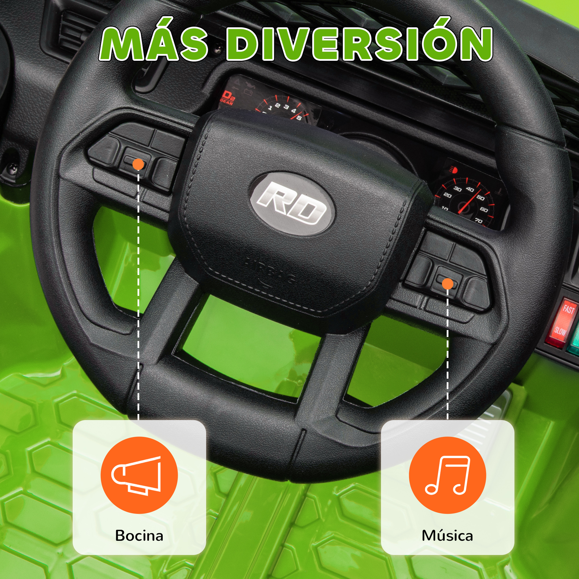 Un volante de juguete verde y negro con botones de bocina y música, sobre una superficie verde.