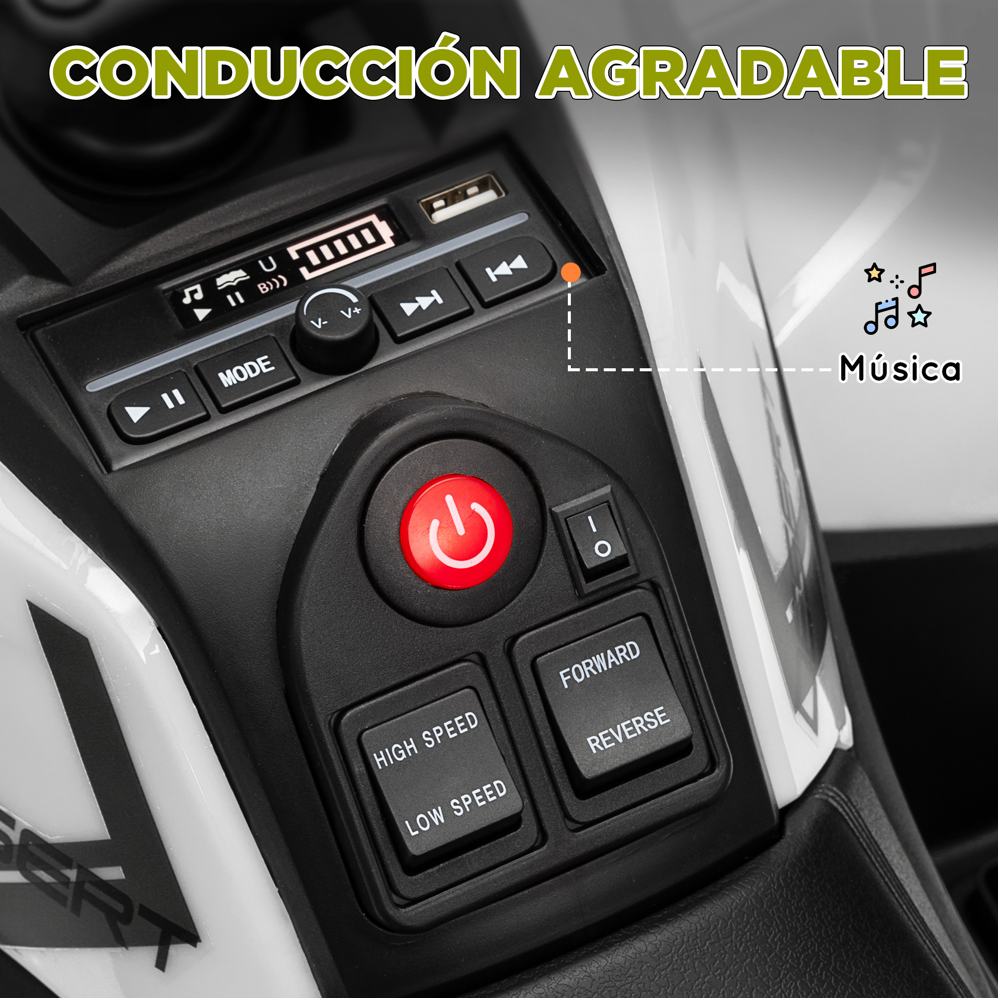 Primer plano de los controles del coche eléctrico. Botones de música, velocidad y potencia. Blanco y negro.