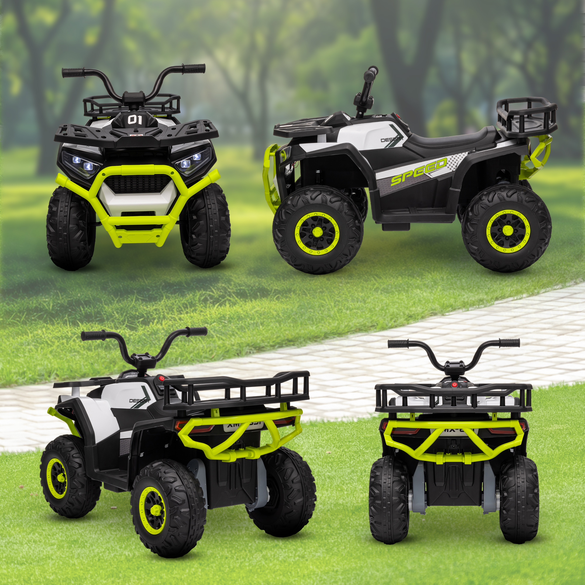 Cuatro vistas de un quad eléctrico, verde y negro, sobre césped verde.