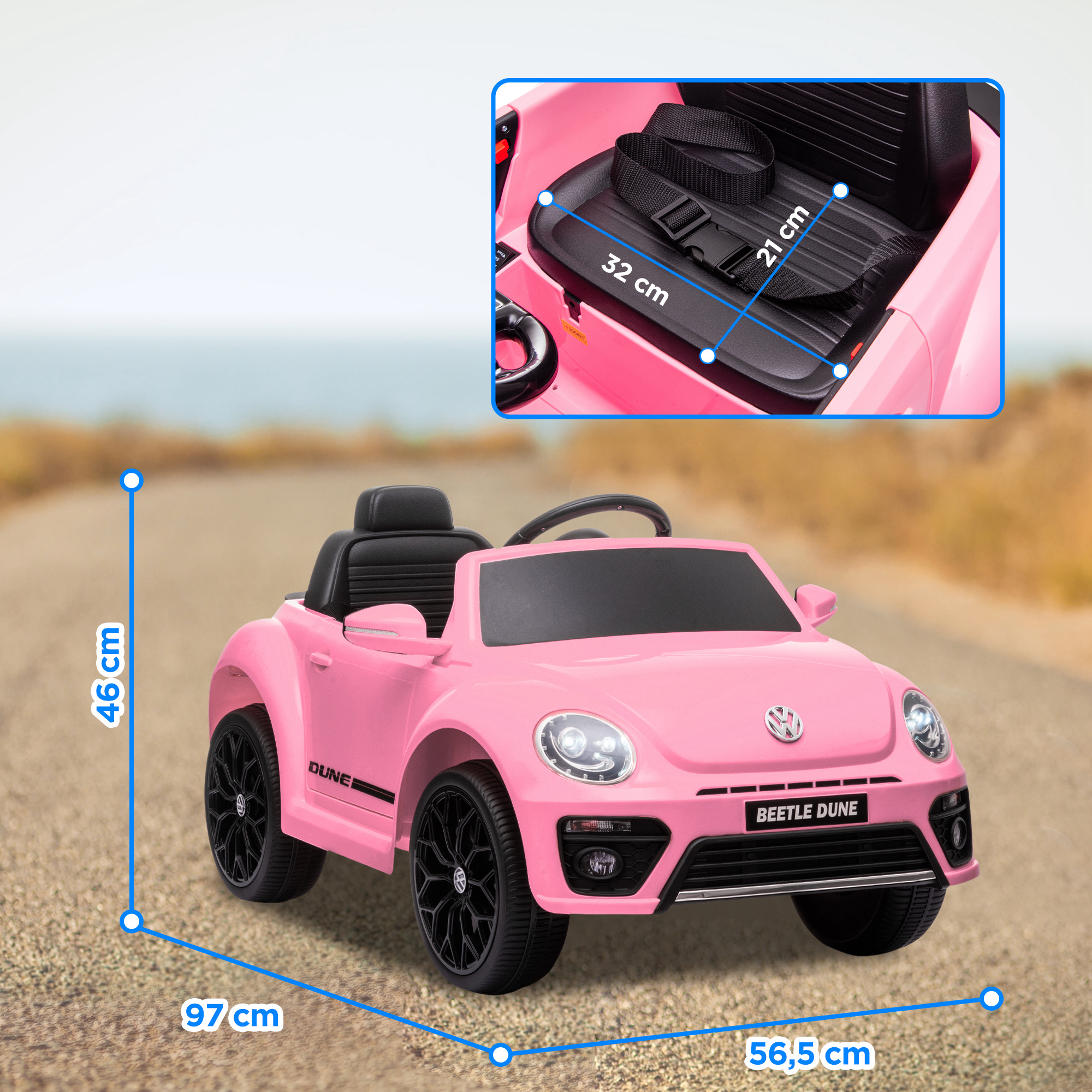 Un coche de juguete rosa con ruedas negras. Las dimensiones están marcadas. Tiene un asiento negro con cinturón.