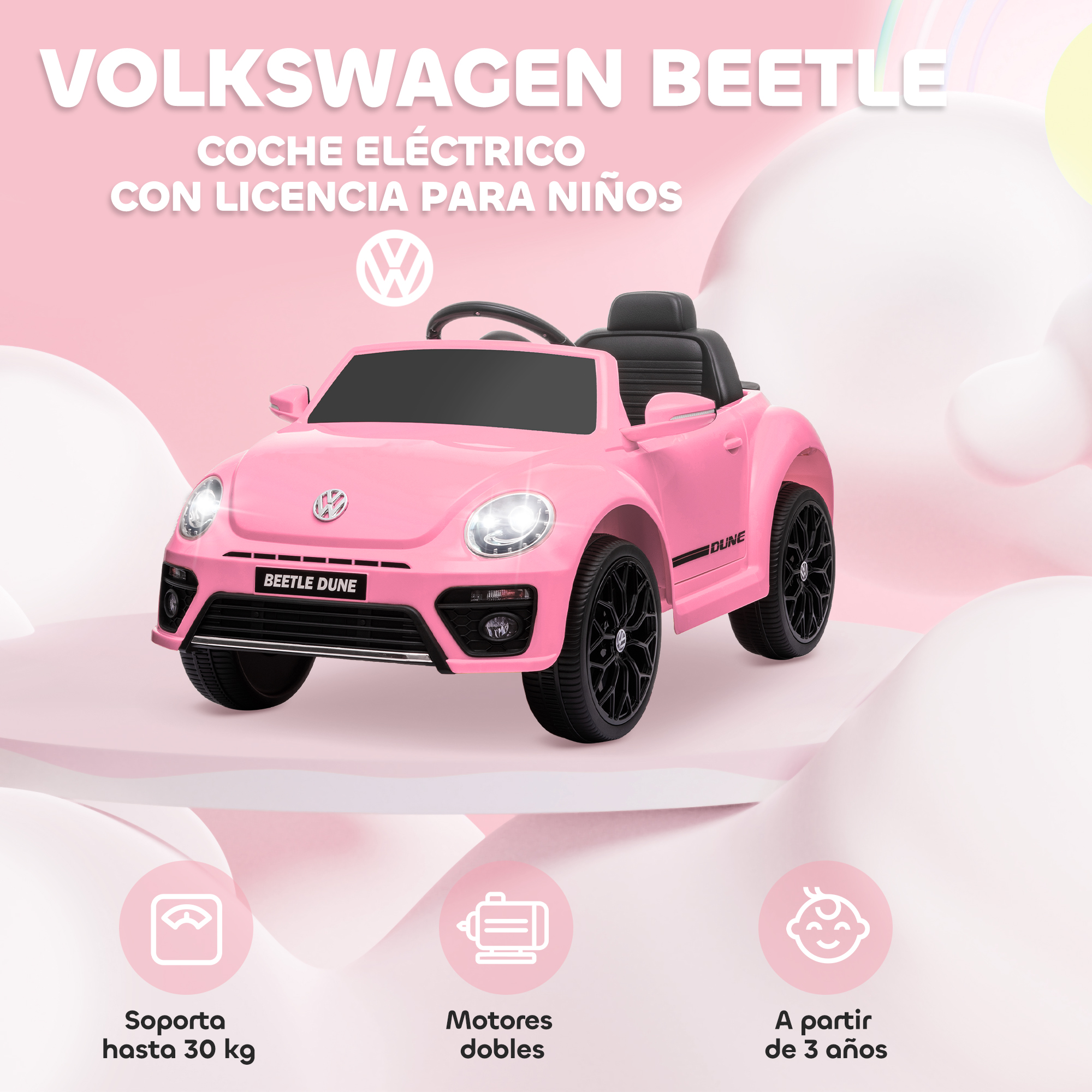 Un coche de juguete rosa con techo negro. El coche tiene un frontal detallado y un tema infantil.