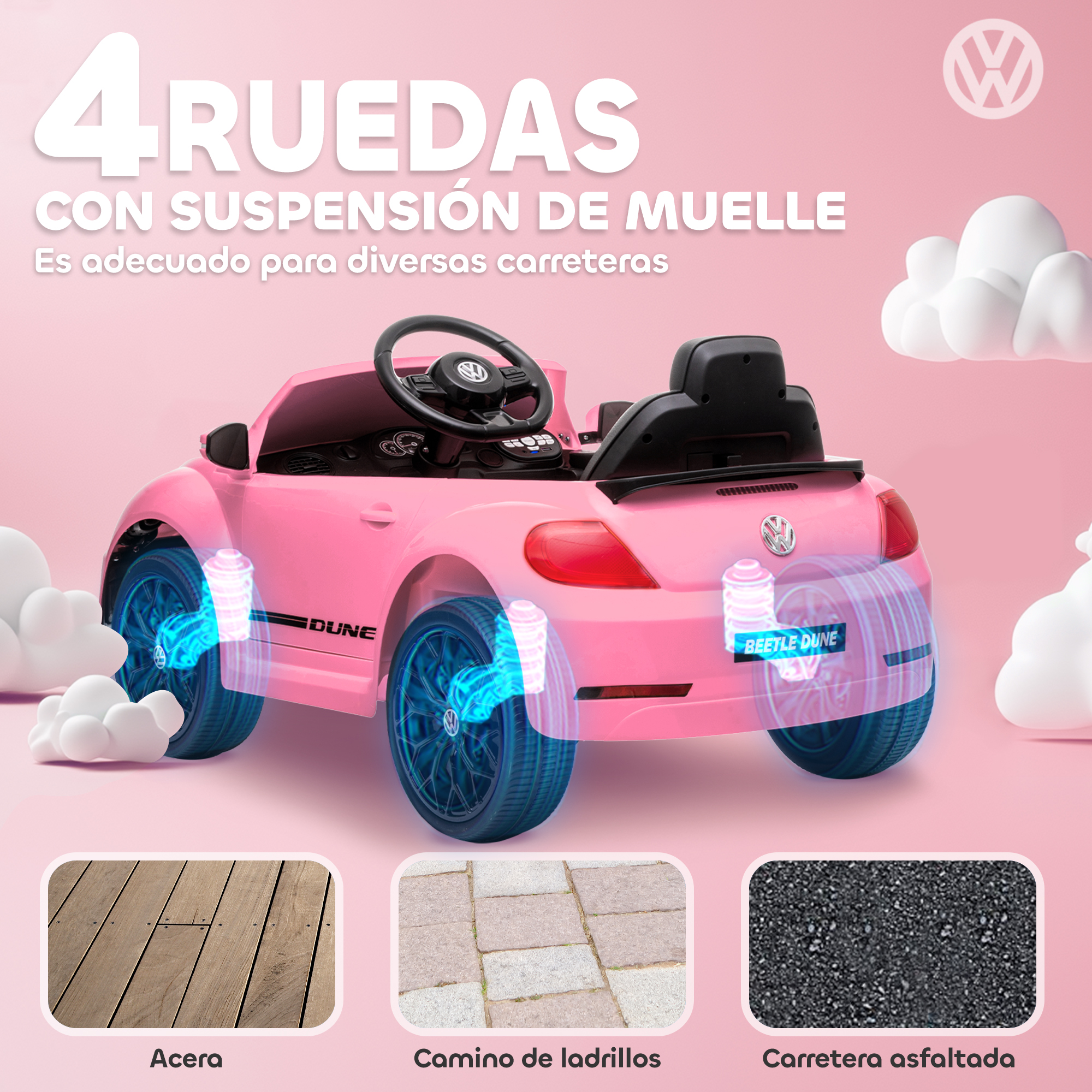 Coche de juguete eléctrico rosa con suspensión. Tipos de carreteras: madera, ladrillo, asfalto.