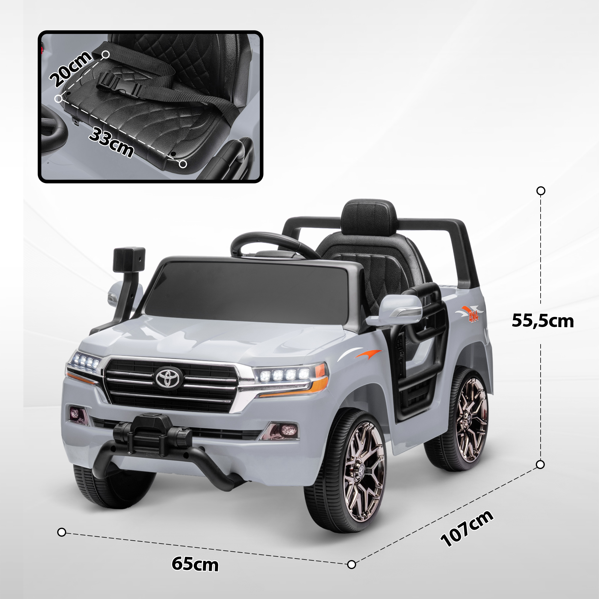Un jeep de juguete gris con dimensiones. Cuenta con asientos, ruedas y detalles negros. Tiene barra antivuelco negra.
