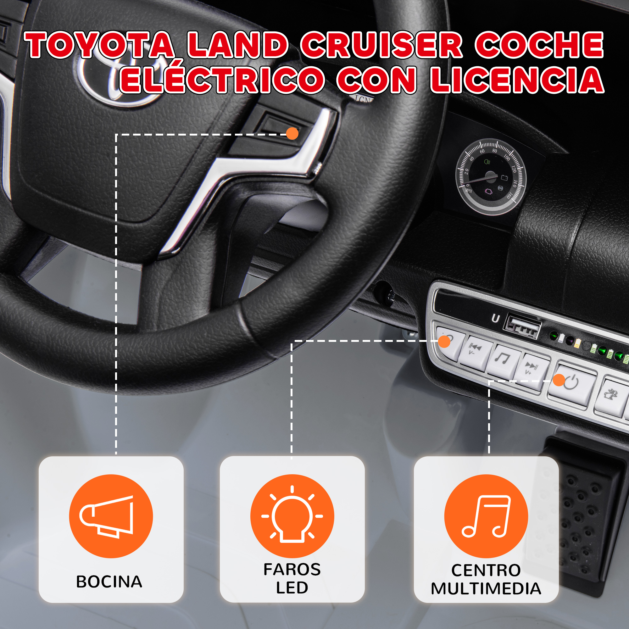 Interior de coche de juguete en blanco y negro que muestra volante, funciones del salpicadero y centro multimedia.