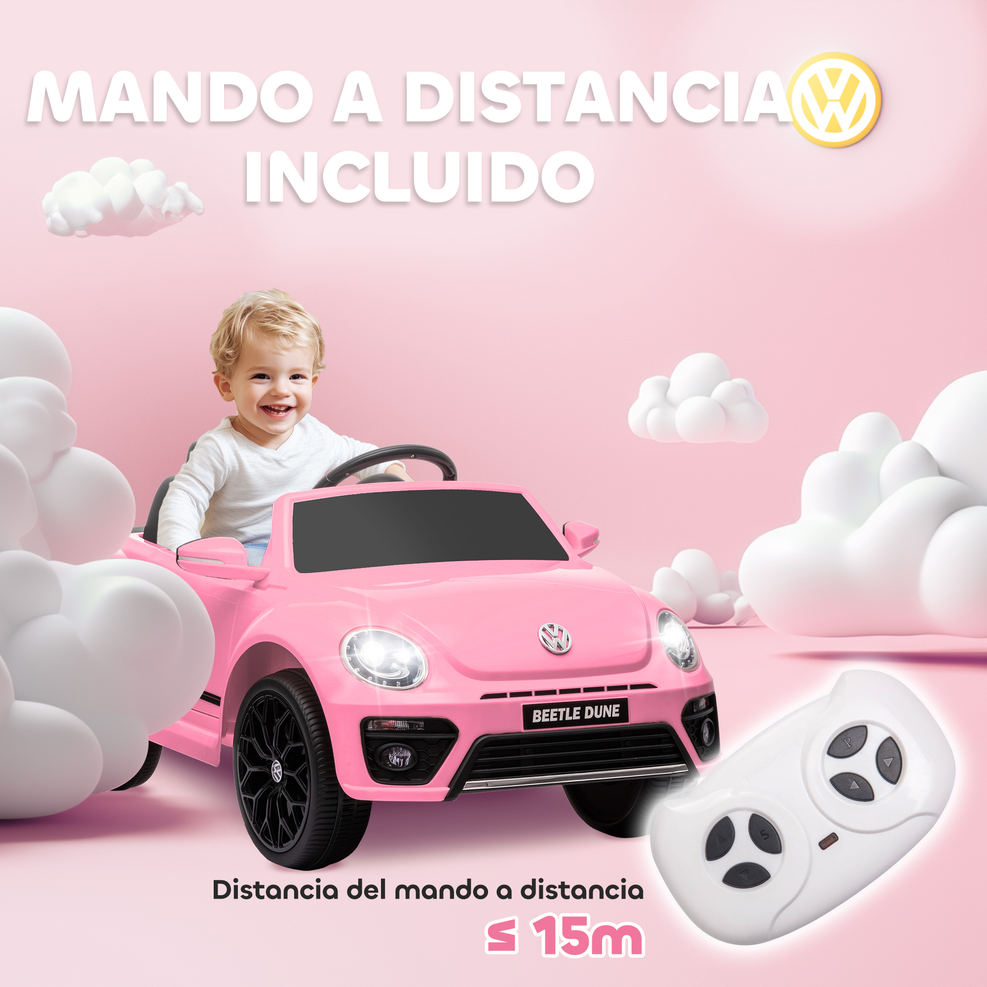 Coche de juguete rosa con un niño dentro y un control remoto.