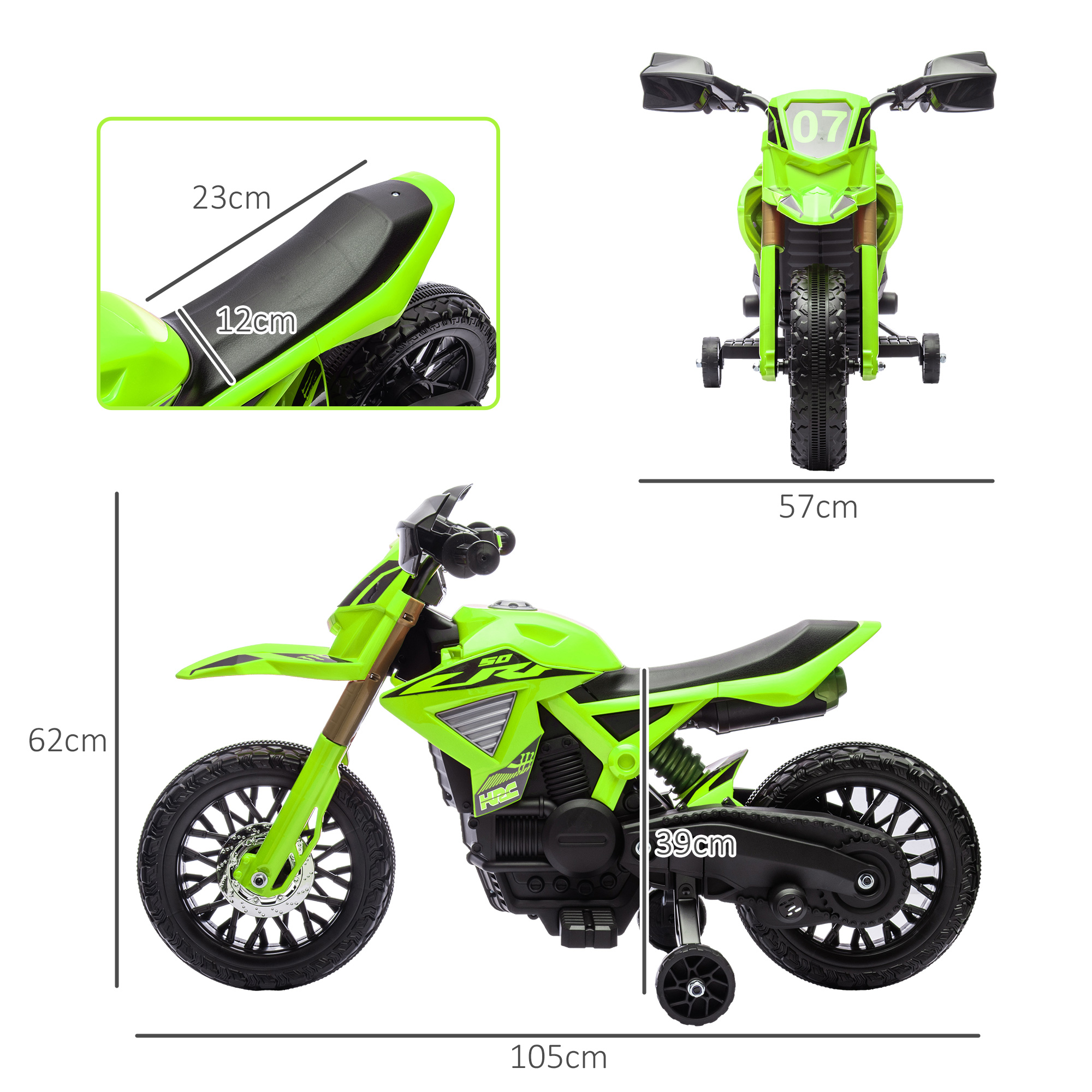 Moto de juguete verde con dimensiones. Tiene asiento y ruedas negros. Las dimensiones son en cm.