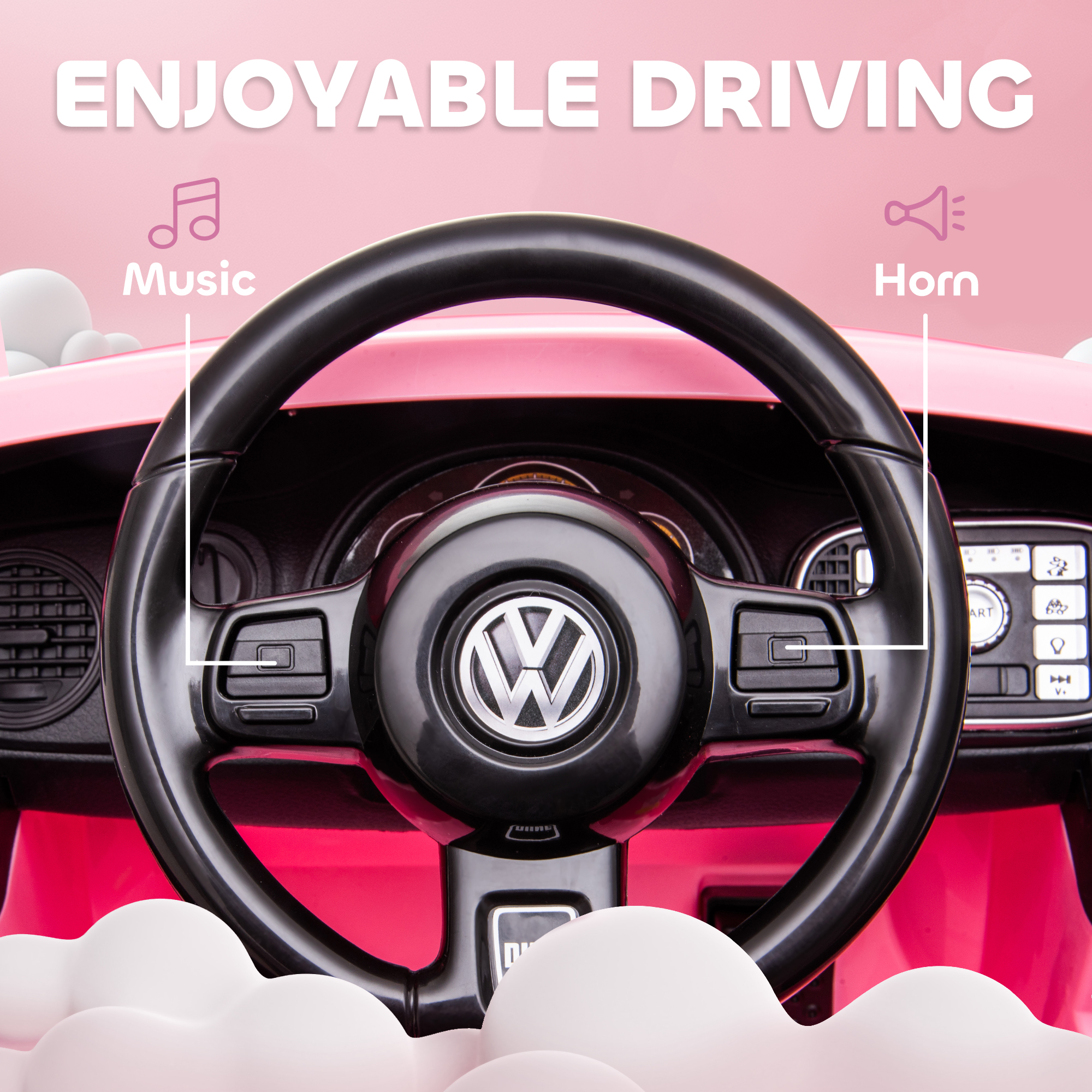 Volante de coche con iconos de música y bocina. Interior rosa con nubes blancas alrededor del volante.