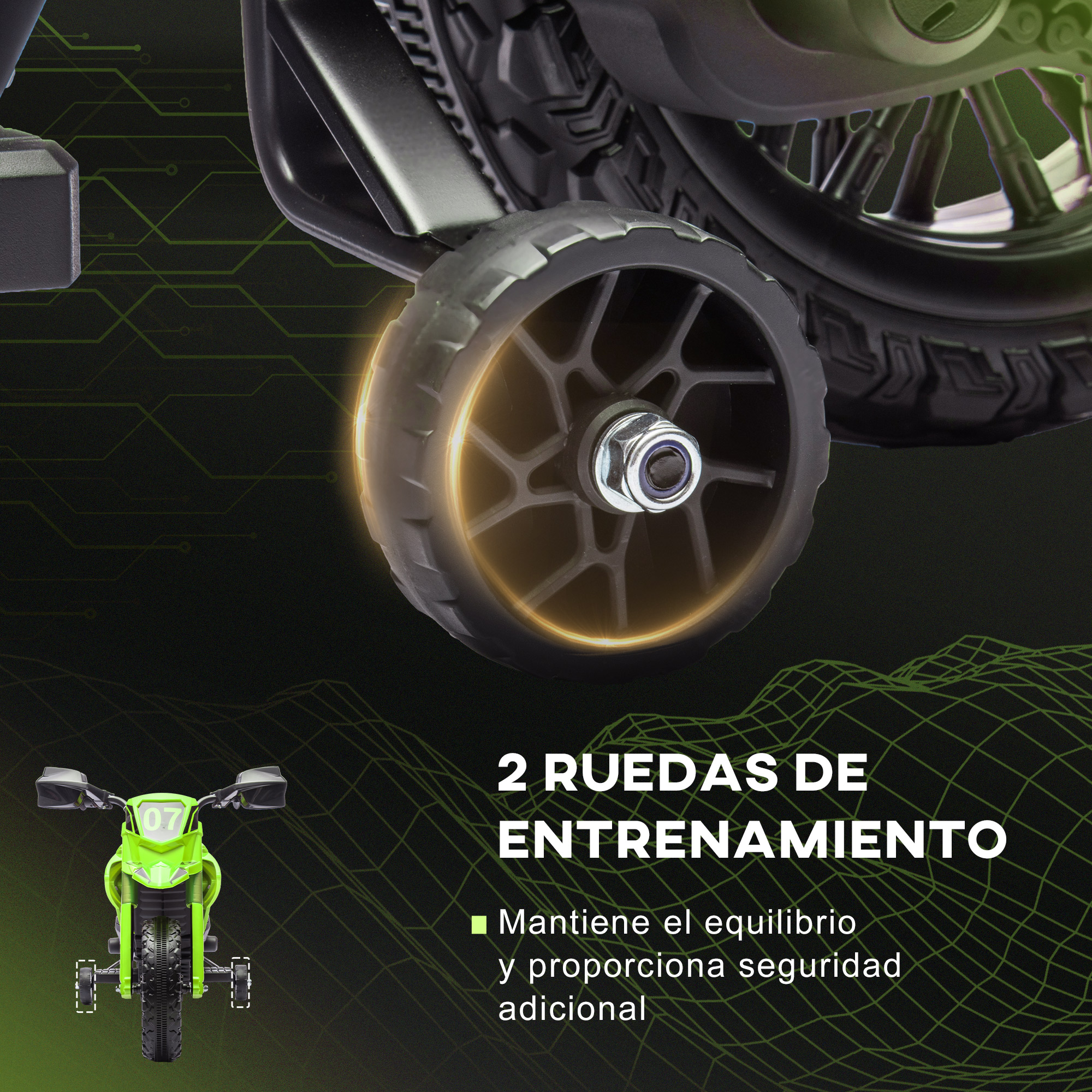 Moto de juguete verde con dimensiones y ruedas de entrenamiento. Texto: 2 ruedas de entrenamiento.