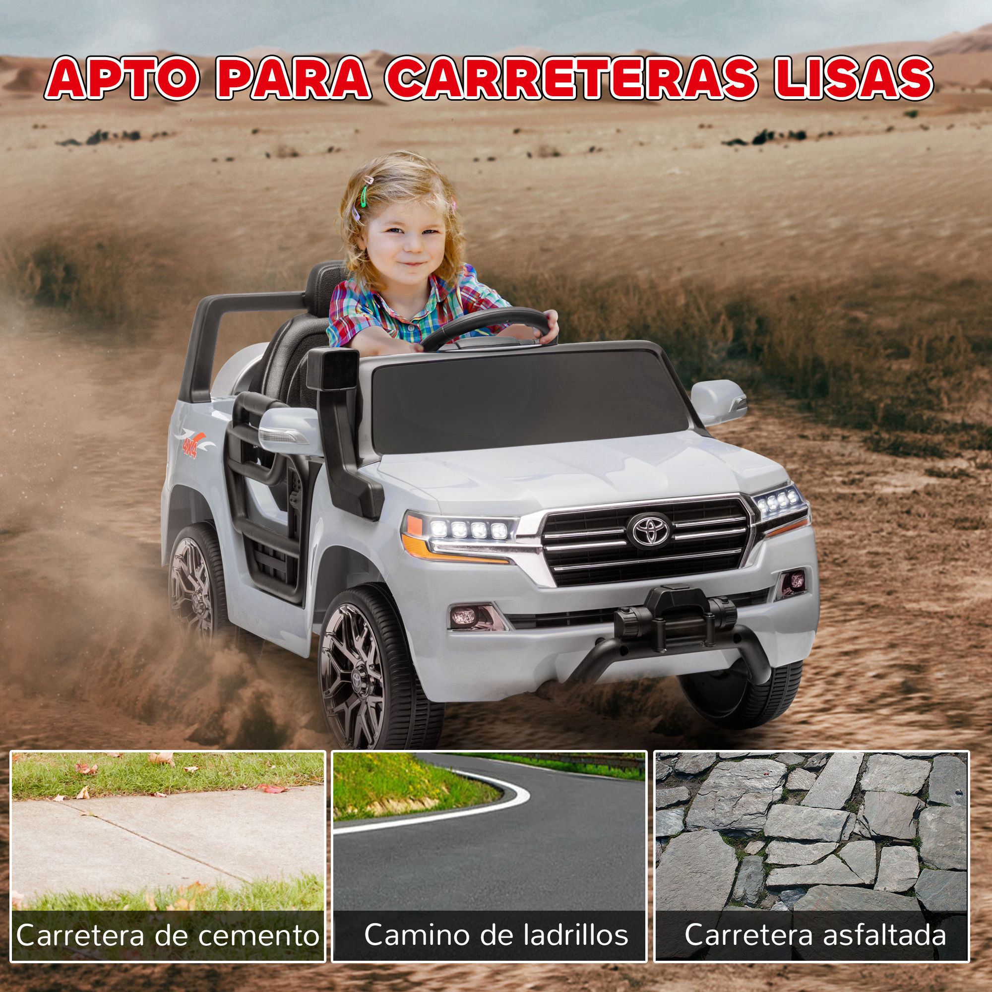 Un niño conduce un coche de juguete blanco en un camino de tierra, con opciones de diferentes superficies.