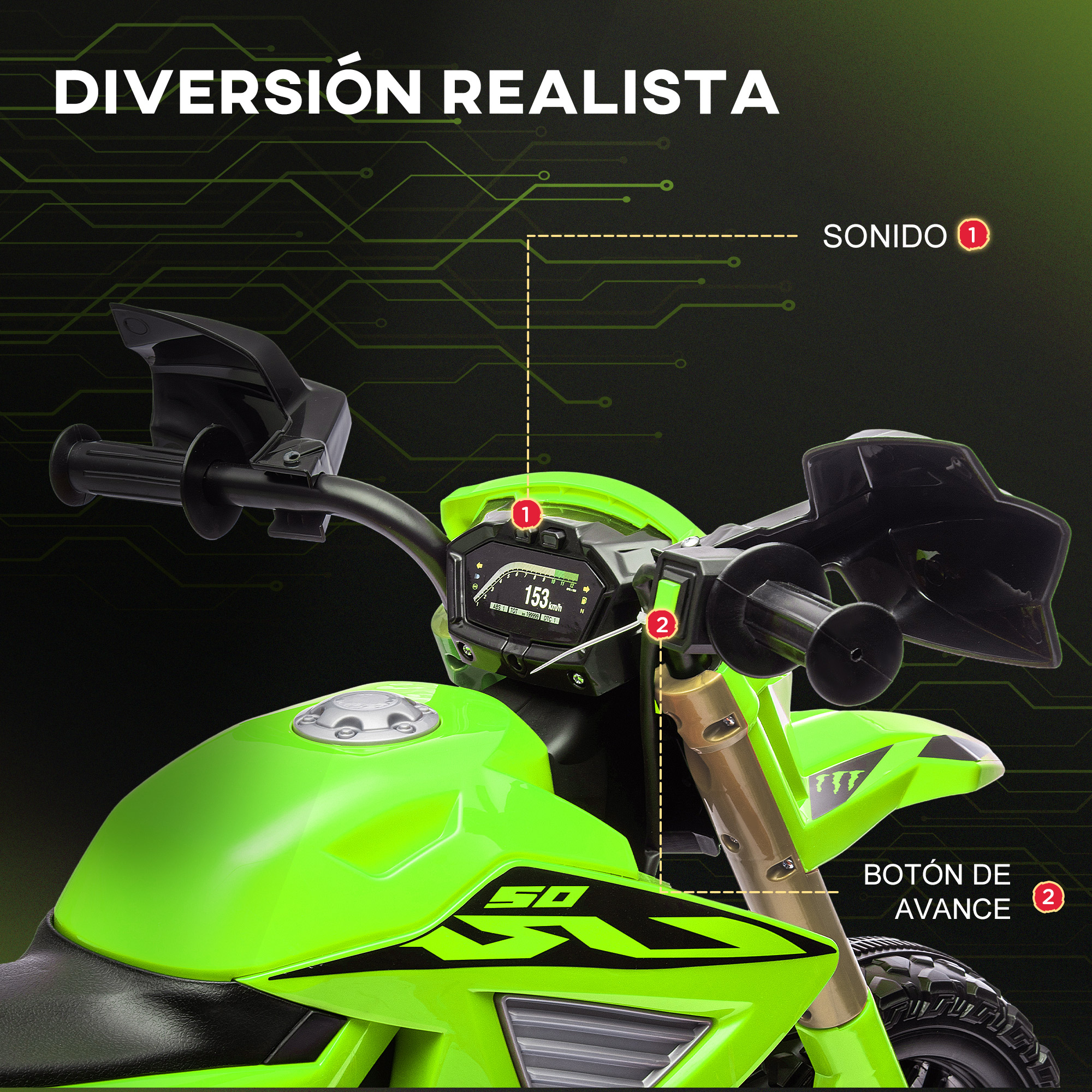 Una moto de juguete verde con sonido y botón de avance. Se muestran detalles del tablero.