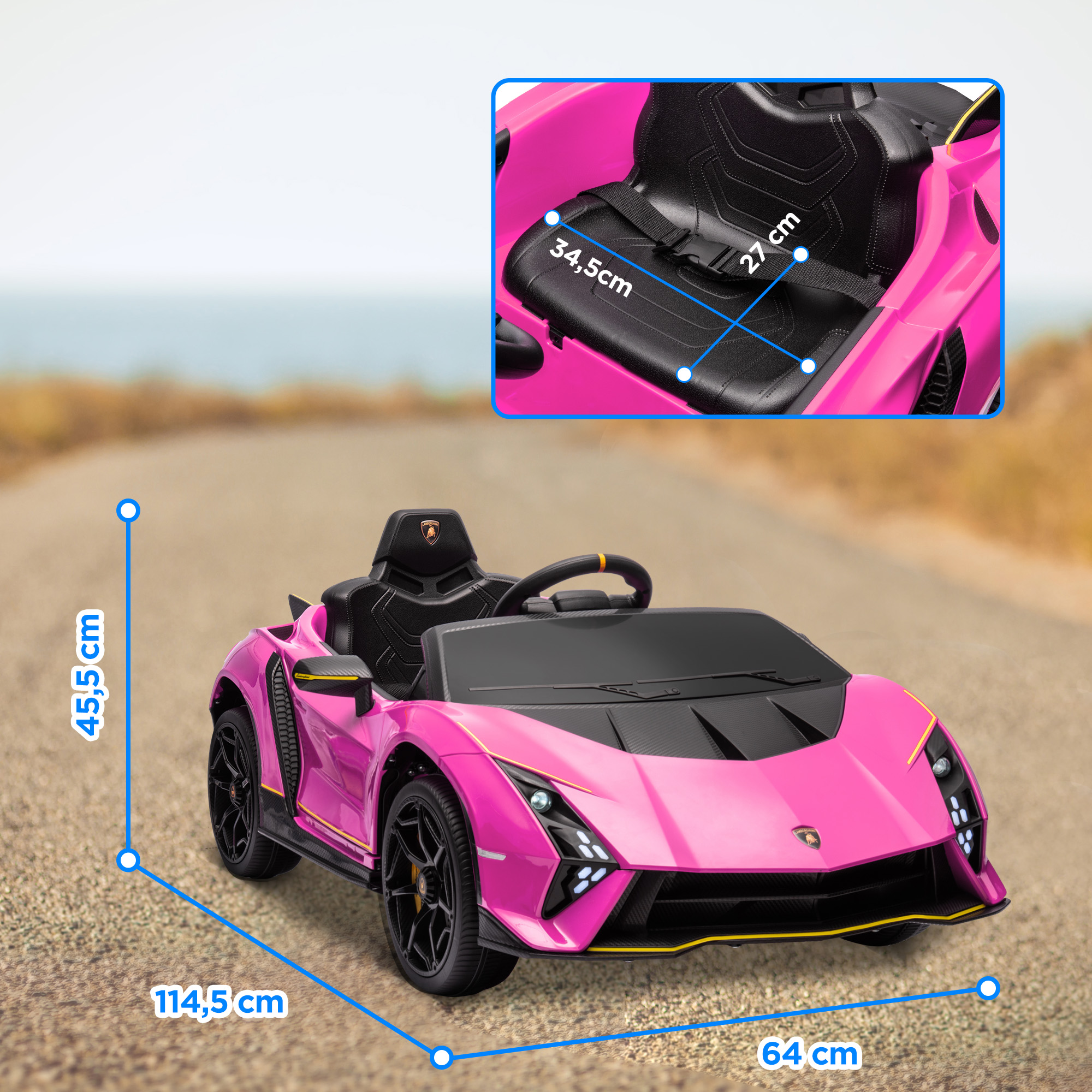 Coche Lamborghini de juguete rosa. Las dimensiones se muestran en el lateral. Asientos negros y volante. Fondo blanco.