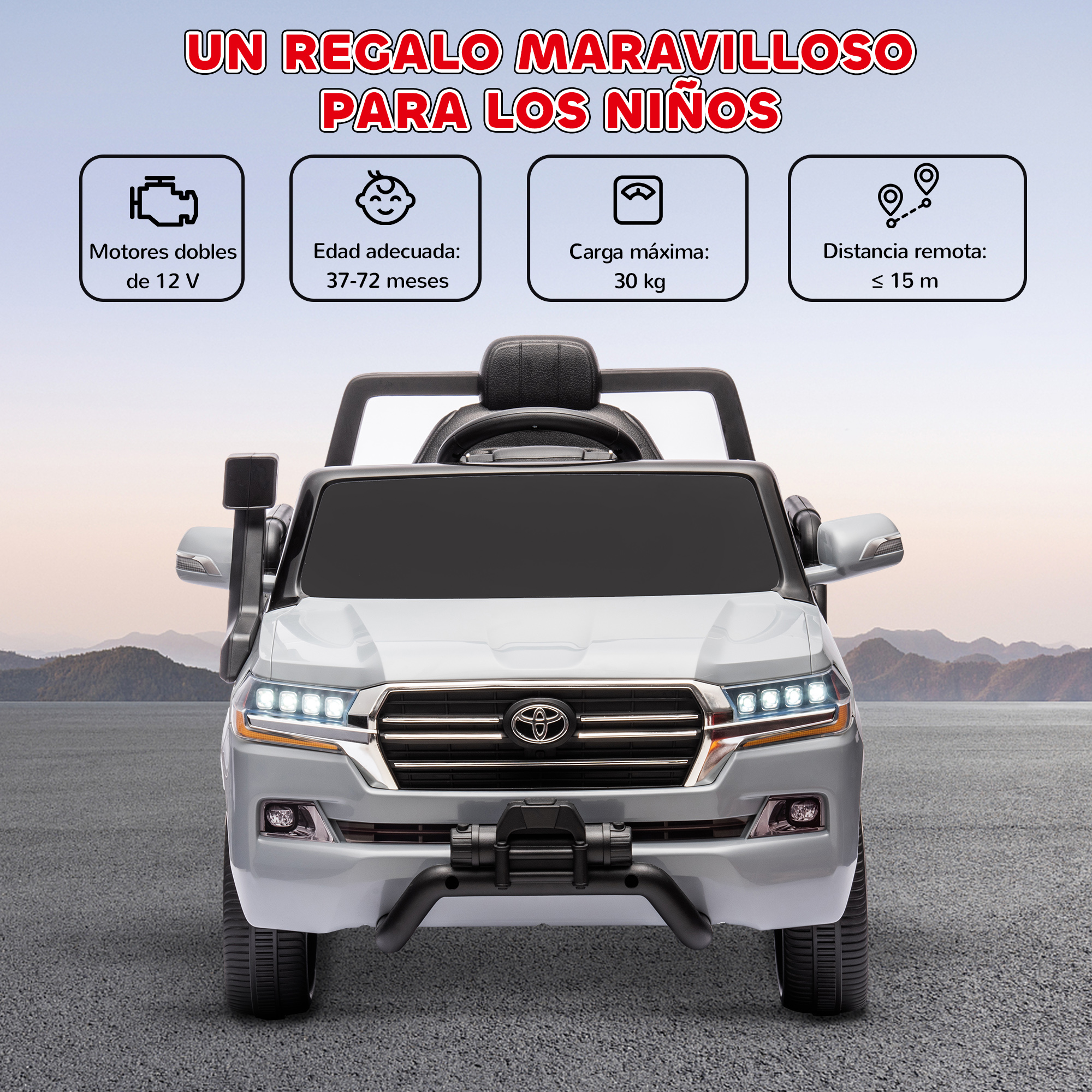 Coche de juguete gris para niños con características: motores dobles, rango de edad y distancia remota.