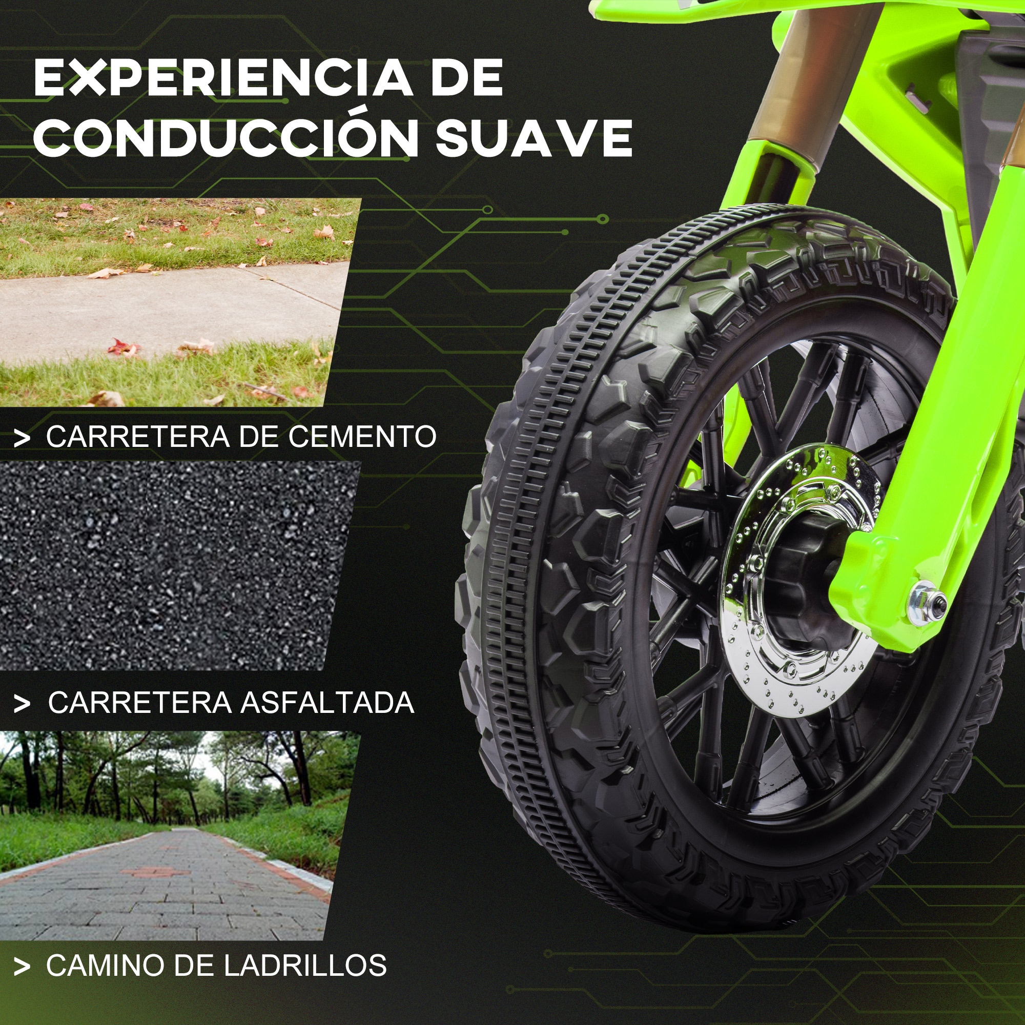 Rueda de motocicleta sobre asfalto y hormigón, mostrando diferentes superficies de carretera para una conducción suave.