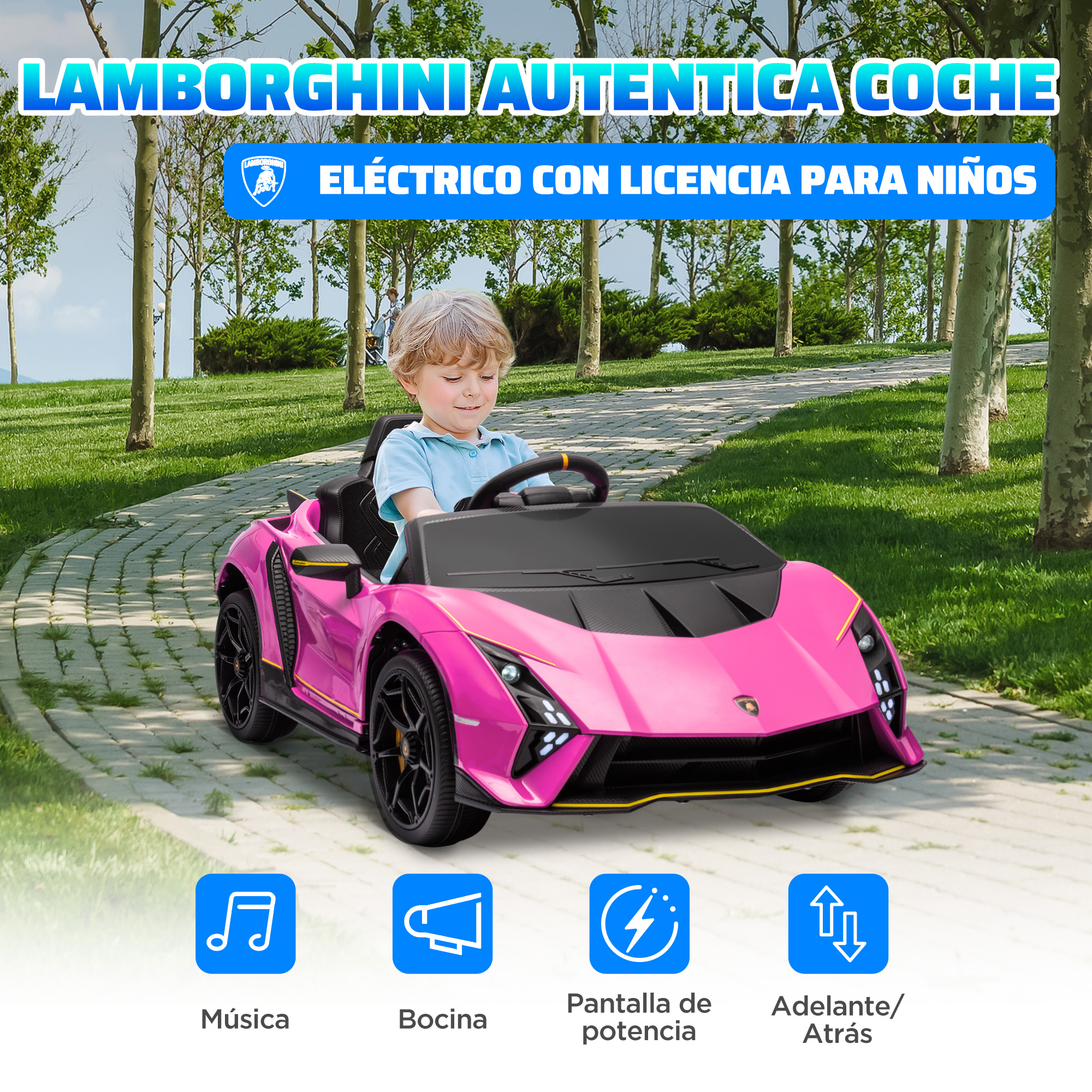 Un coche Lamborghini de juguete rosa con un niño dentro, mostrado desde el frente. Varios iconos están presentes.