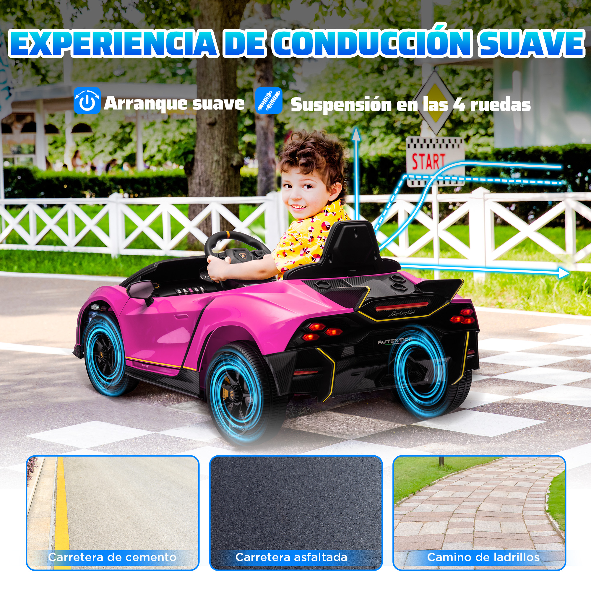 Un niño en un coche de juguete rosa en un paso de peatones. Coche rosa con detalles negros. Fondo con árboles y casas.