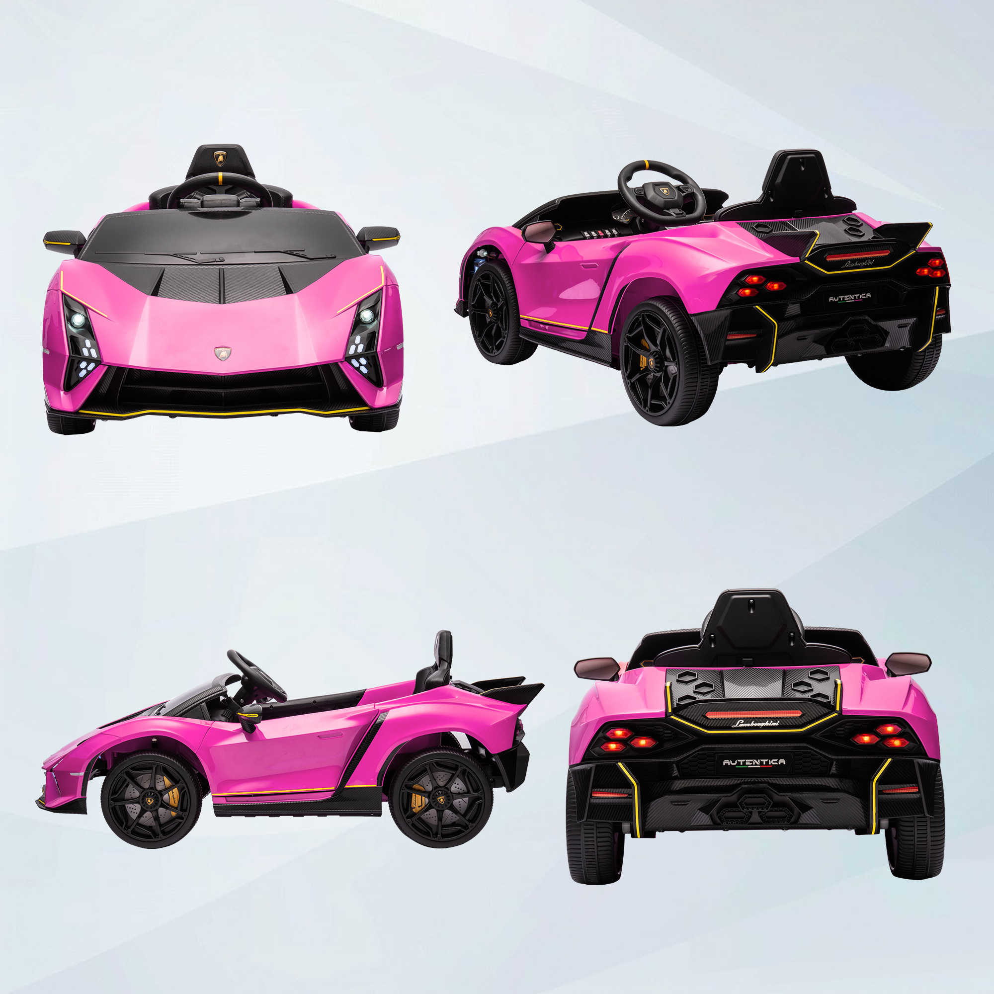 Coche de juguete rosa desde diferentes ángulos, mostrando detalles como faros y un alerón.