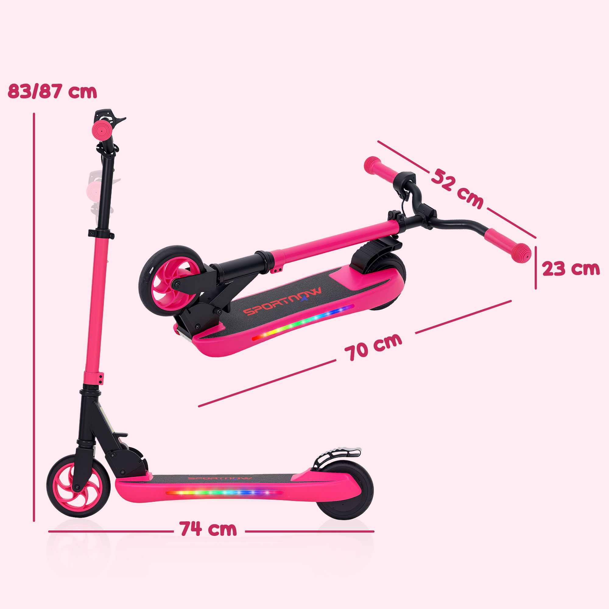 Scooter rosa con dimensiones. El scooter está plegado y desplegado. Fondo rosa claro.