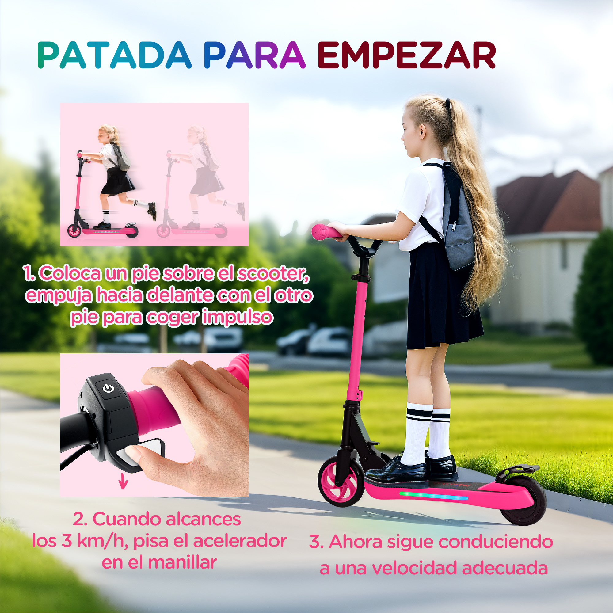 Una niña en un patinete rosa. Las instrucciones muestran cómo arrancar y acelerar en el patinete.