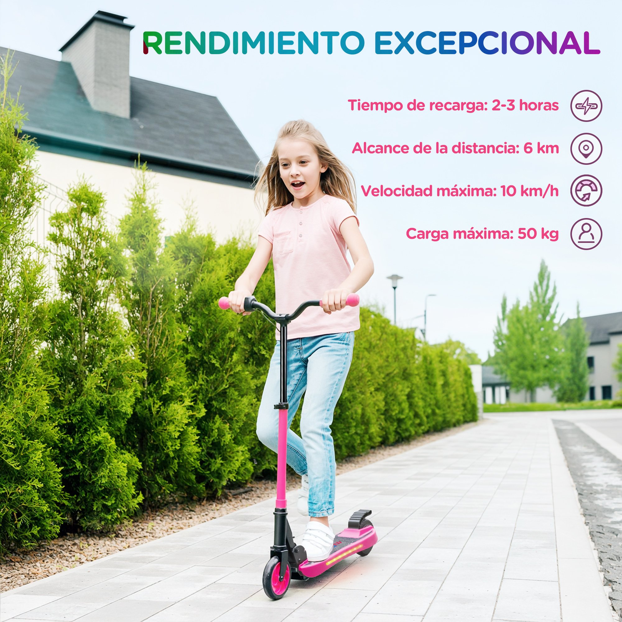 Niña montando un patinete eléctrico rosa en un camino pavimentado. Arbustos y árboles verdes al fondo.