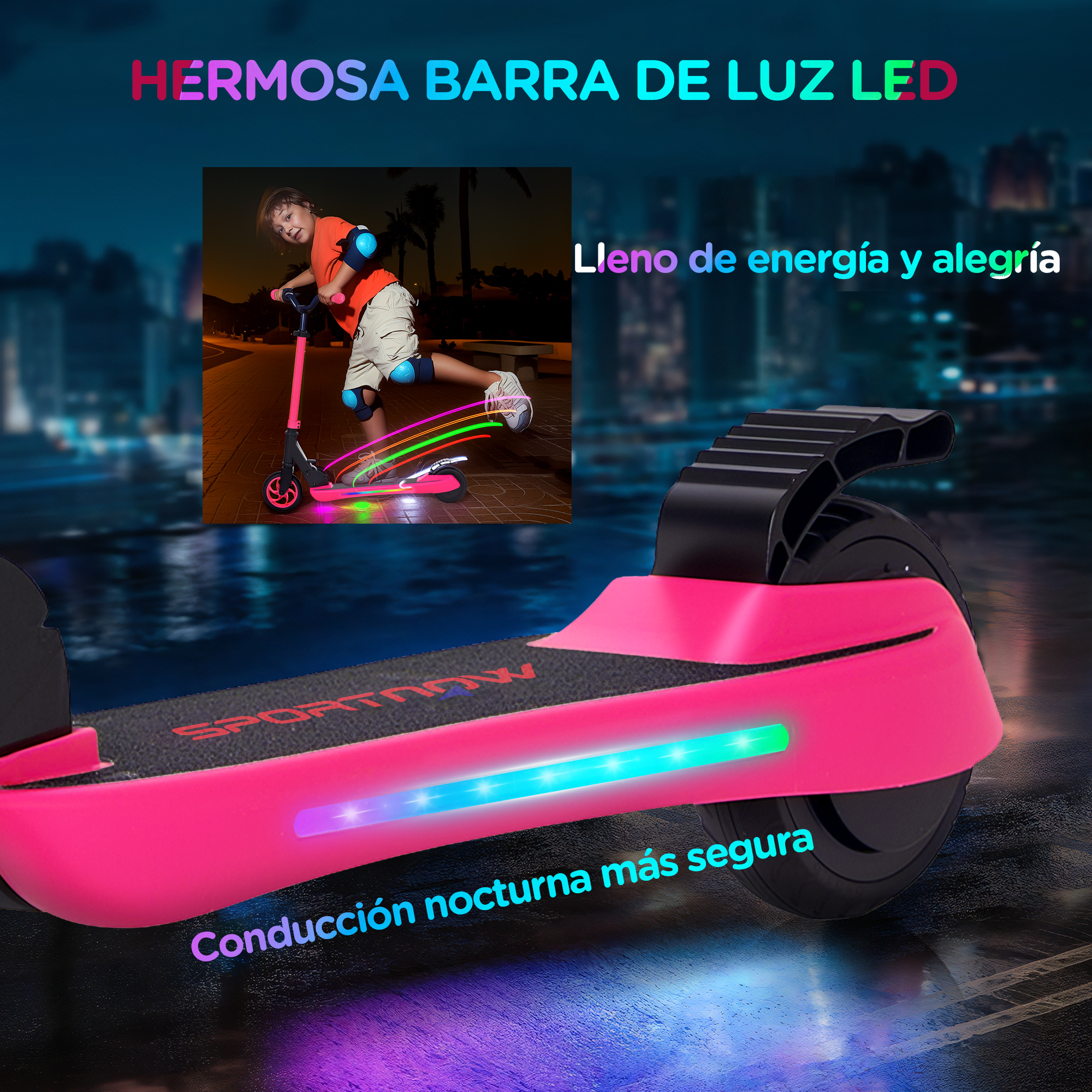 Scooter rosa con luces LED, un niño lo monta. Texto: conducción nocturna segura. Fondo negro.