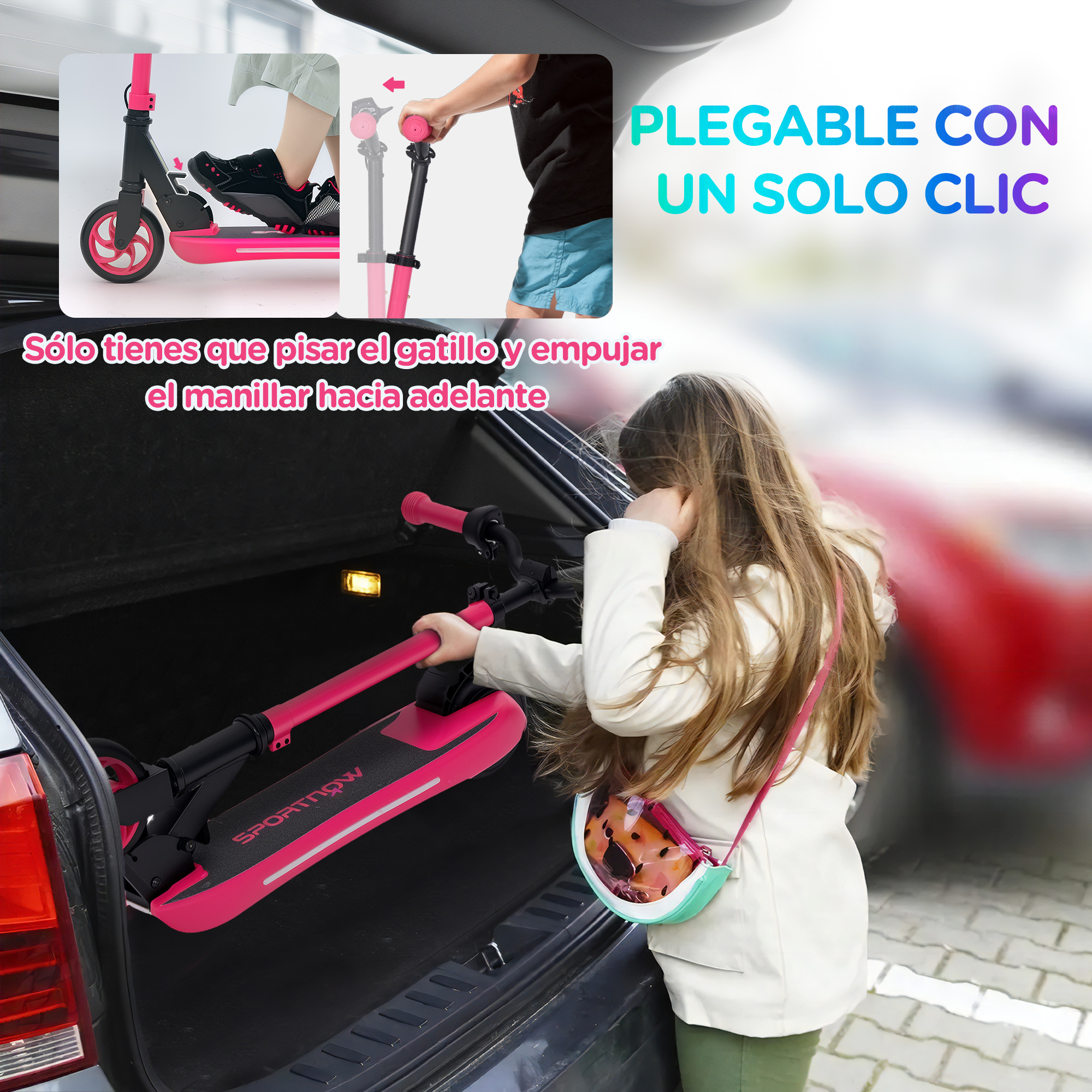 Niña plegando un patinete rosa en el maletero de un coche. El patinete y el maletero son rosas. Se ve un coche rojo.