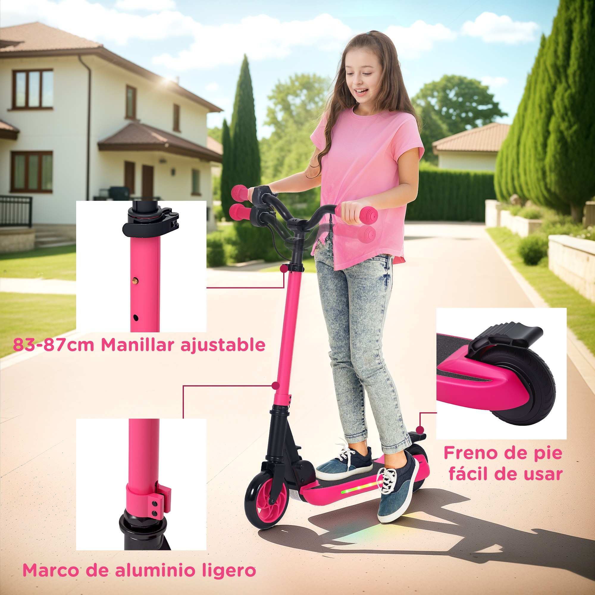 Una niña monta un patinete rosa. Características incluyen manillar ajustable, freno de pie.