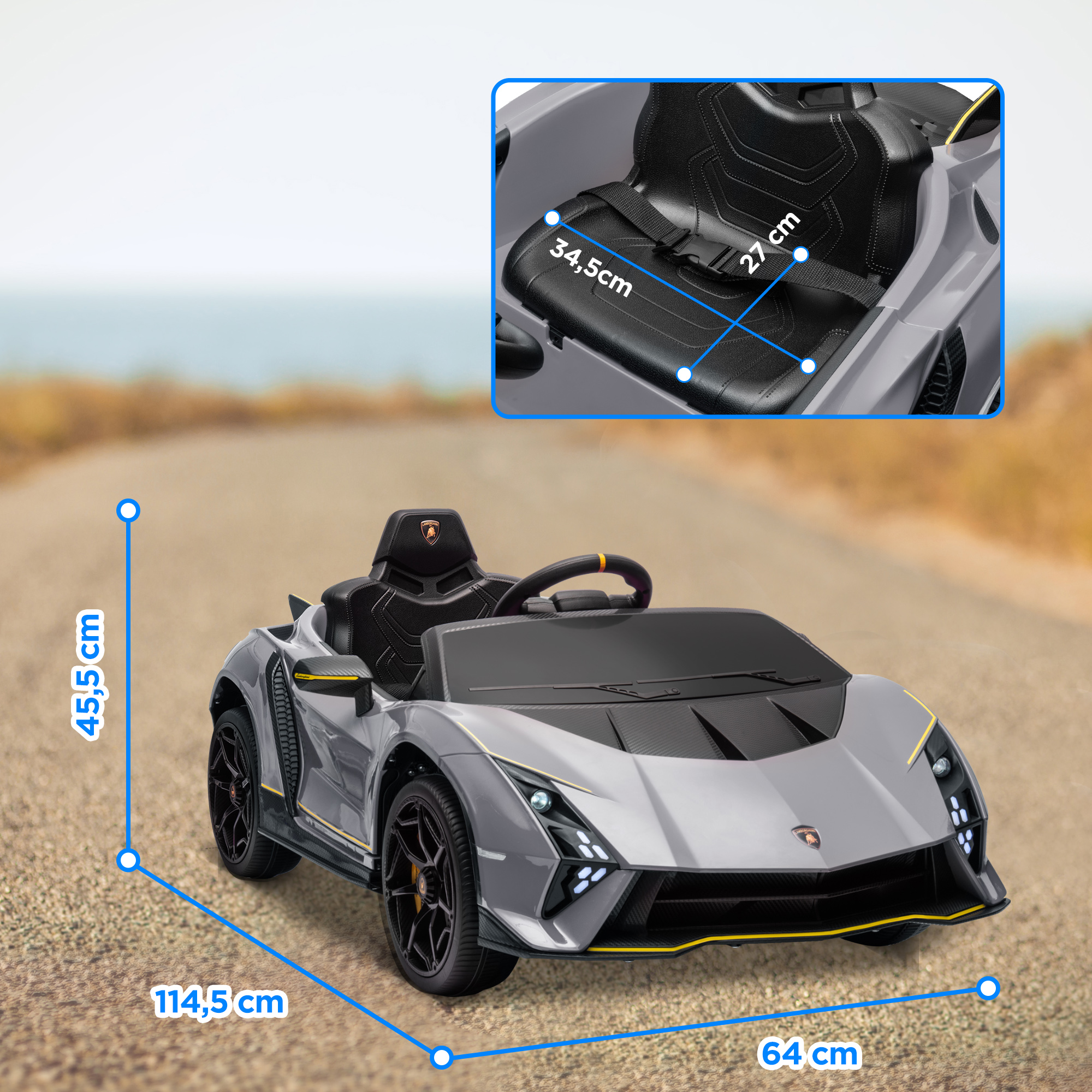 Coche de juguete gris con dimensiones y primer plano del asiento.