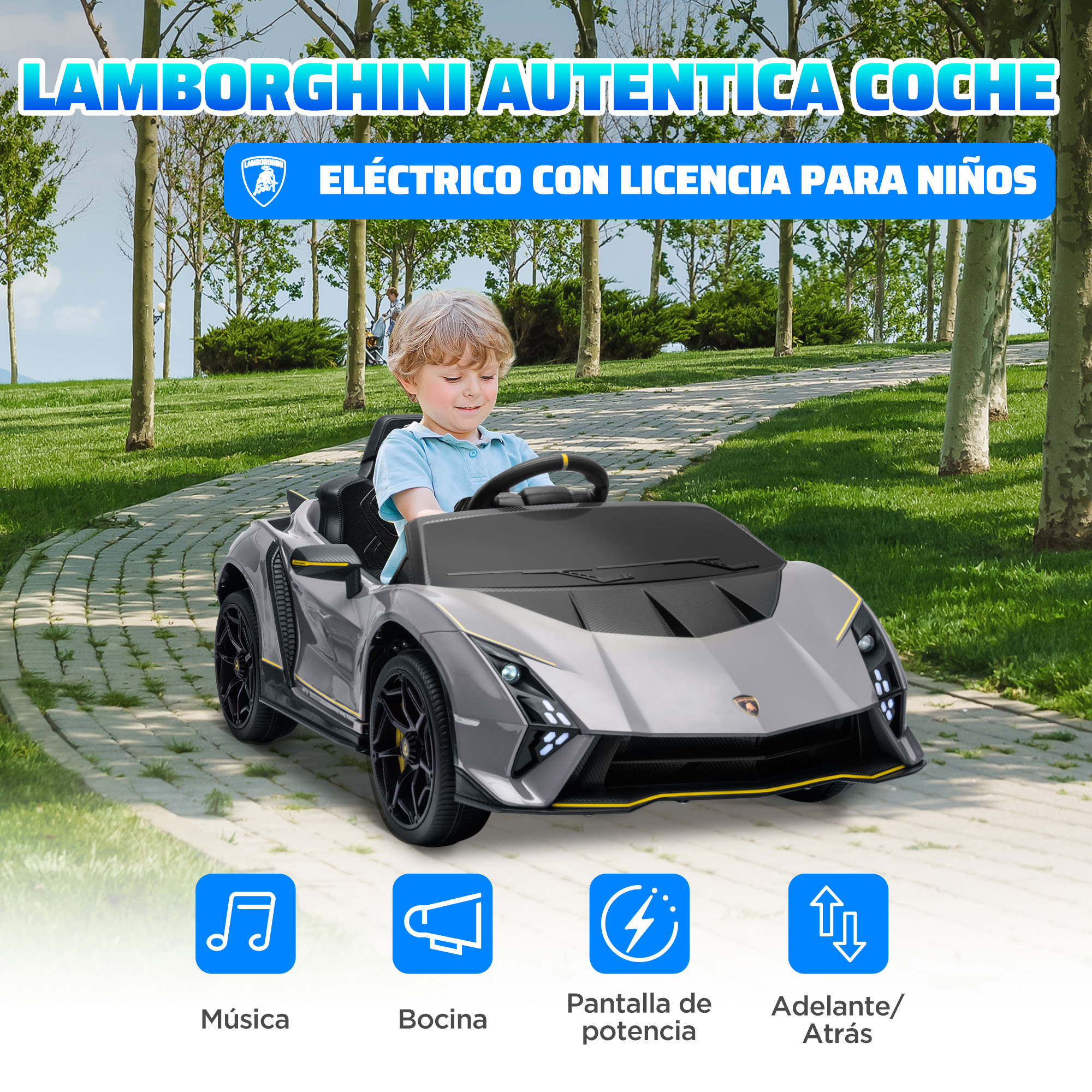 Un niño conduce un coche Lamborghini gris. El texto dice: Coche eléctrico Lamborghini para niños. Hay iconos abajo.