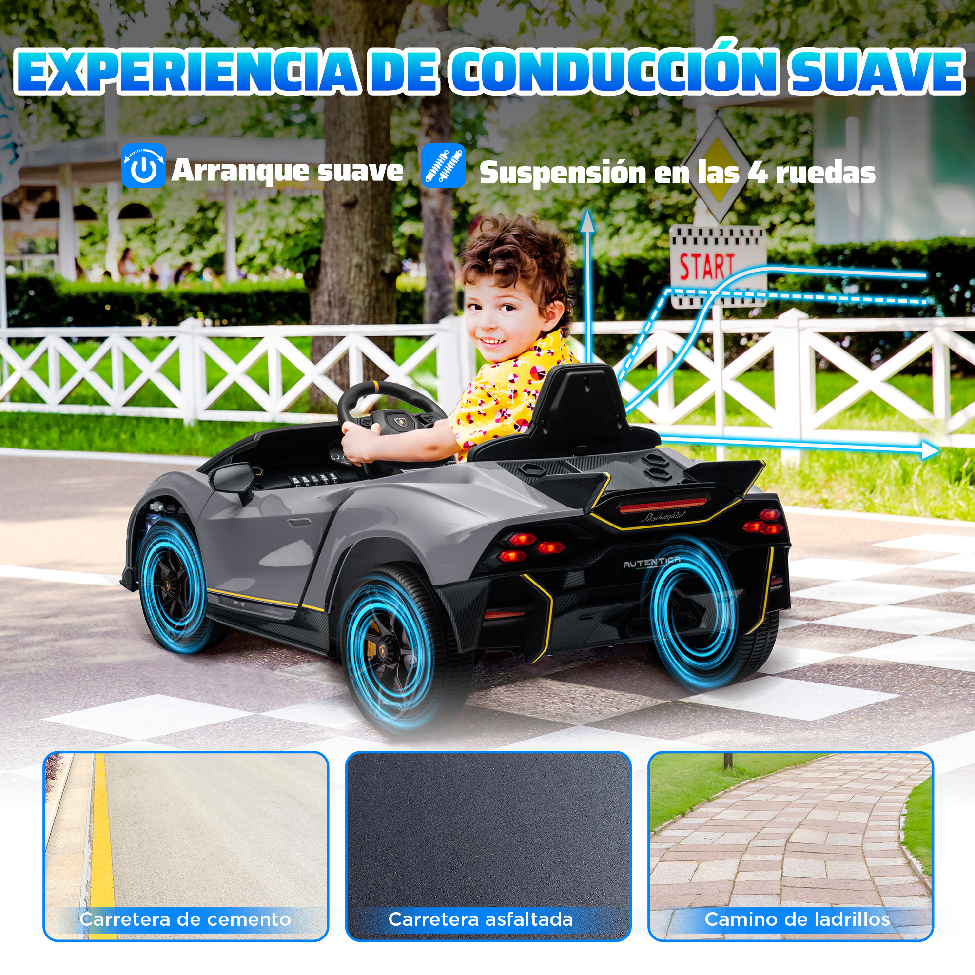 Coche de juguete gris con un niño pequeño. Muestra diferentes superficies de carretera y el inicio.