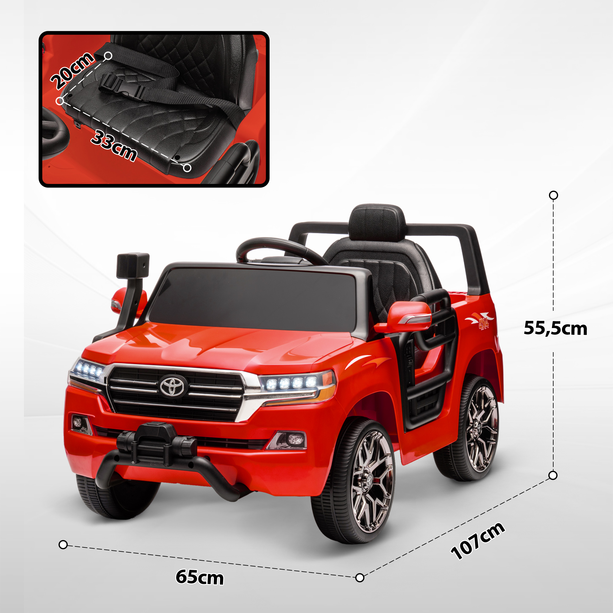 Un coche SUV de juguete rojo con dimensiones etiquetadas. También se muestra un detalle del asiento con dimensiones.