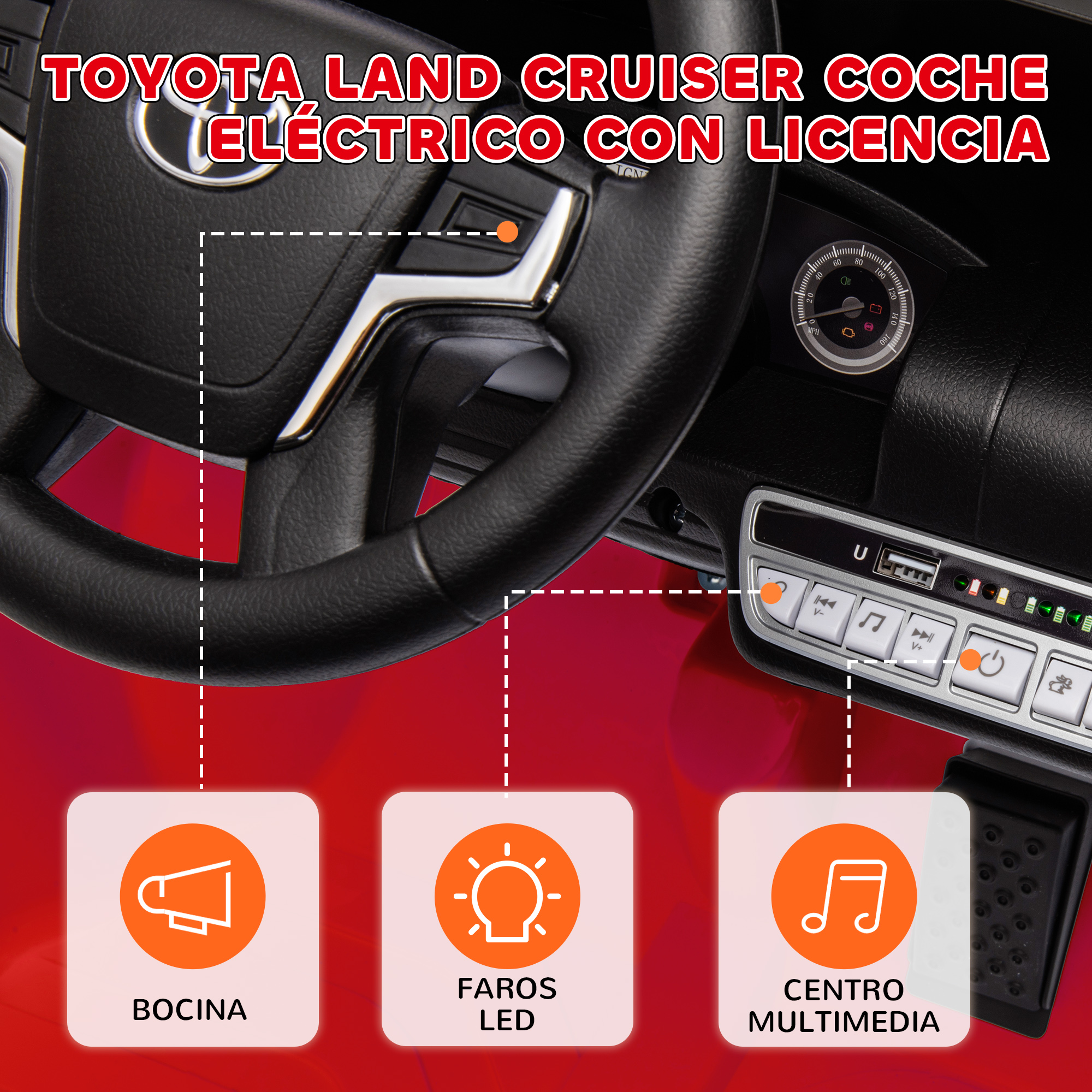 Primer plano del volante negro y el salpicadero de un coche de juguete, con bocina, luces LED y centro multimedia.