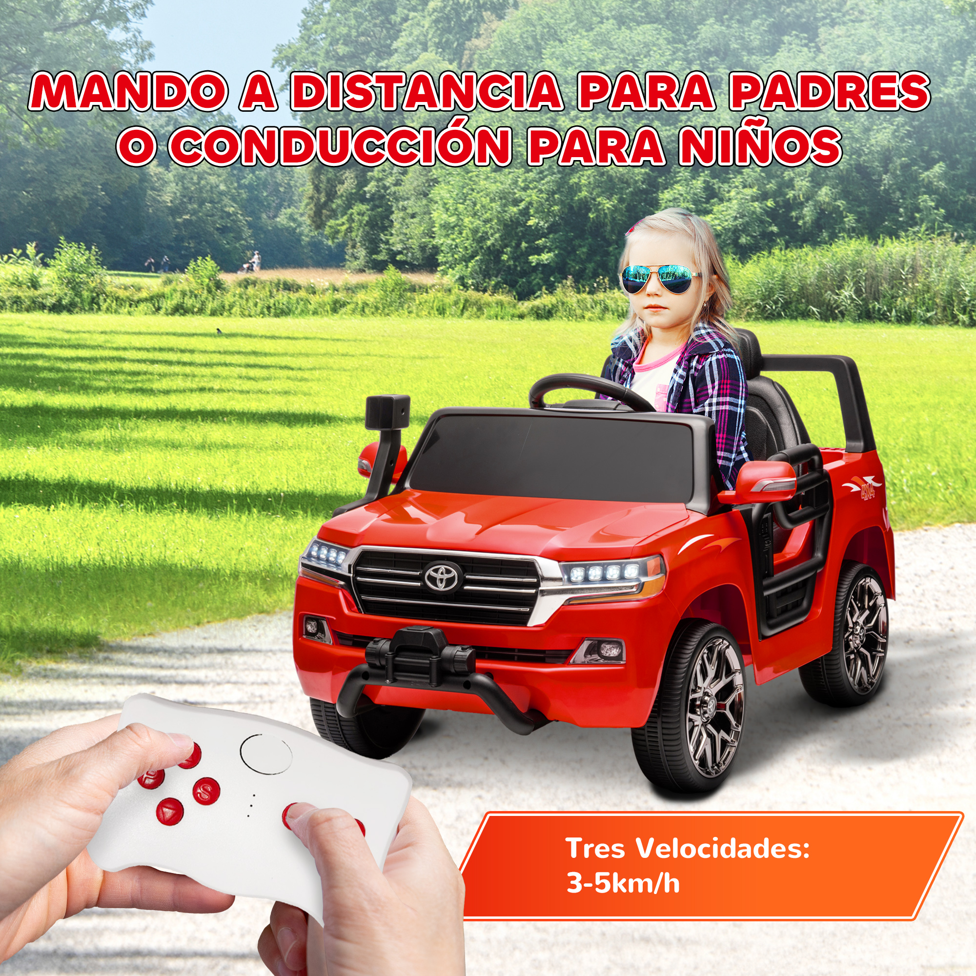 Coche de juguete rojo con un niño conduciendo. Se muestra un mando a distancia. Texto en español.