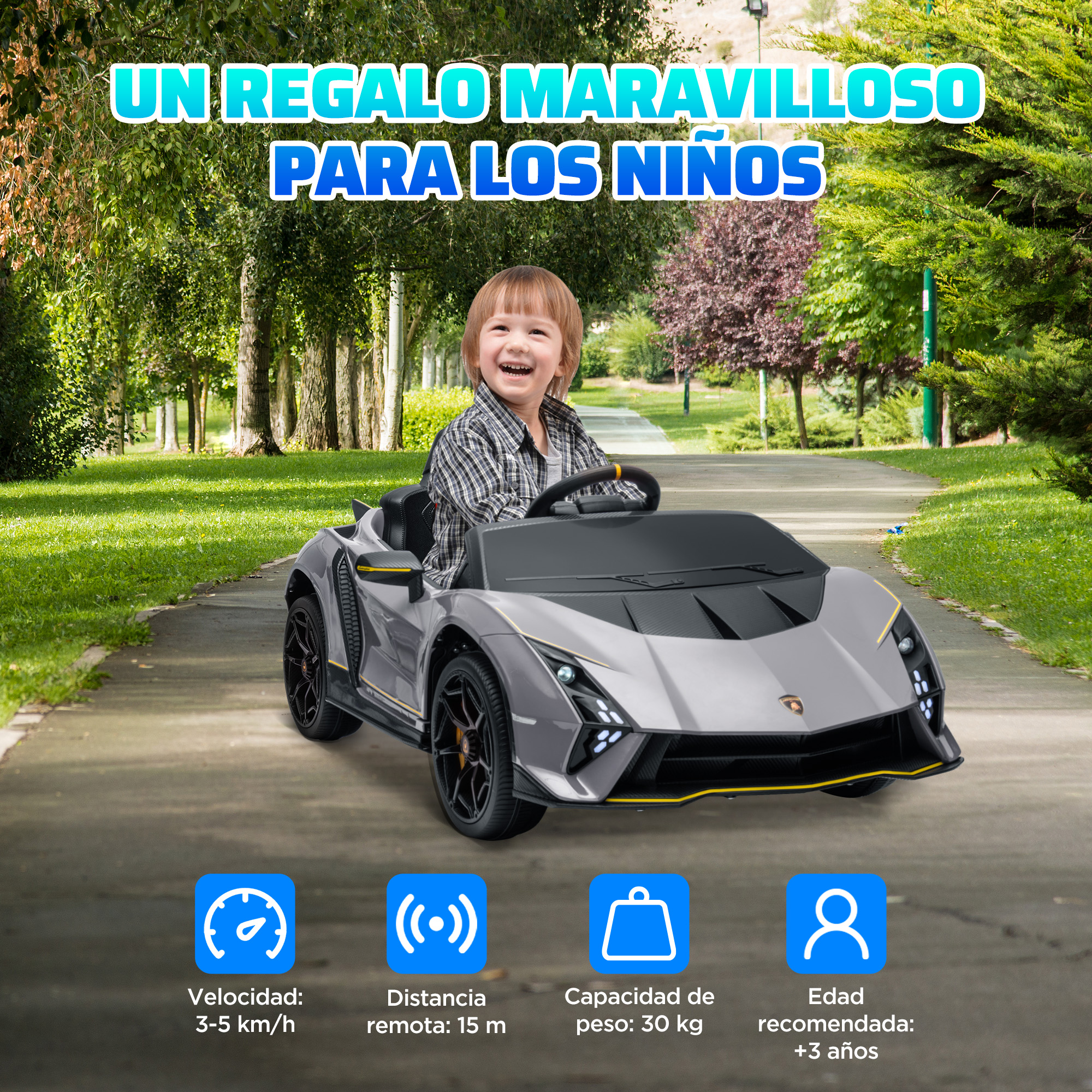 Un niño conduciendo un coche de juguete gris en una carretera con texto sobre la velocidad, distancia y peso.