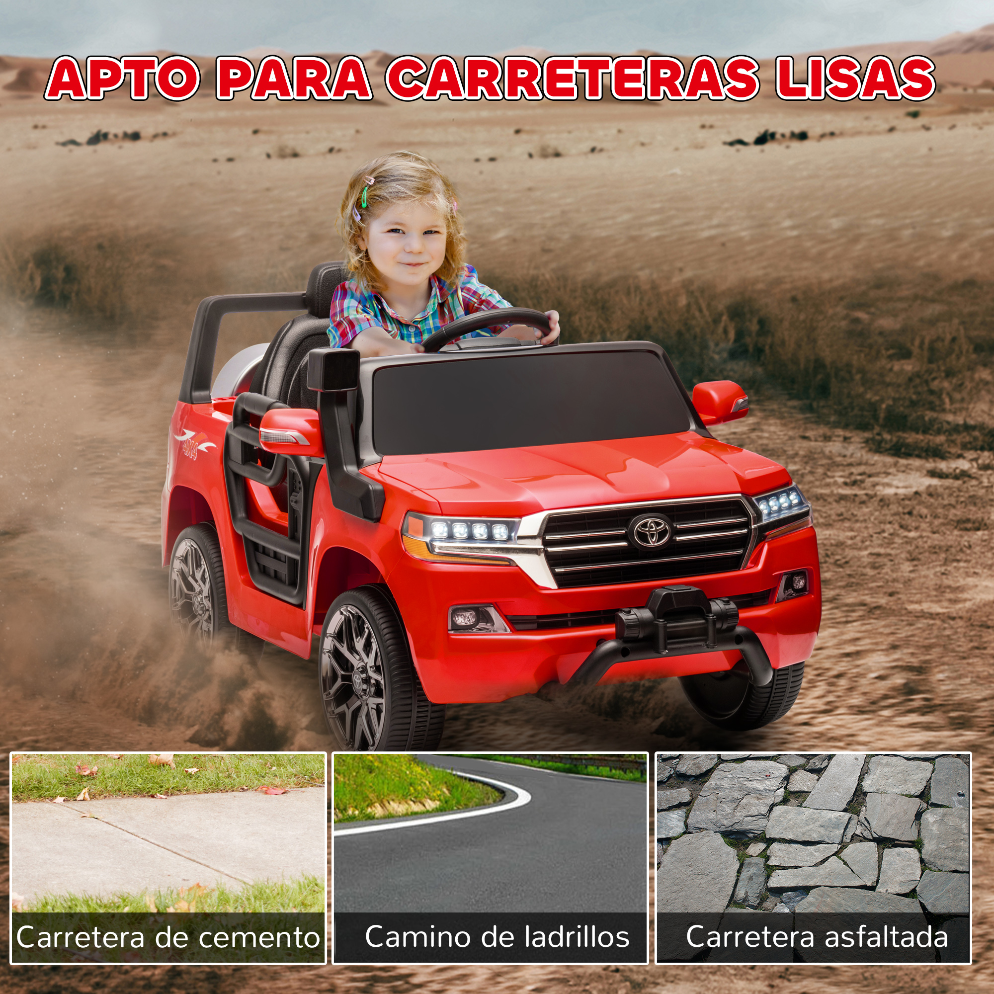 Un coche de juguete rojo en un camino polvoriento. Una niña está en el asiento del conductor. Tres insertos muestran diferentes superficies.