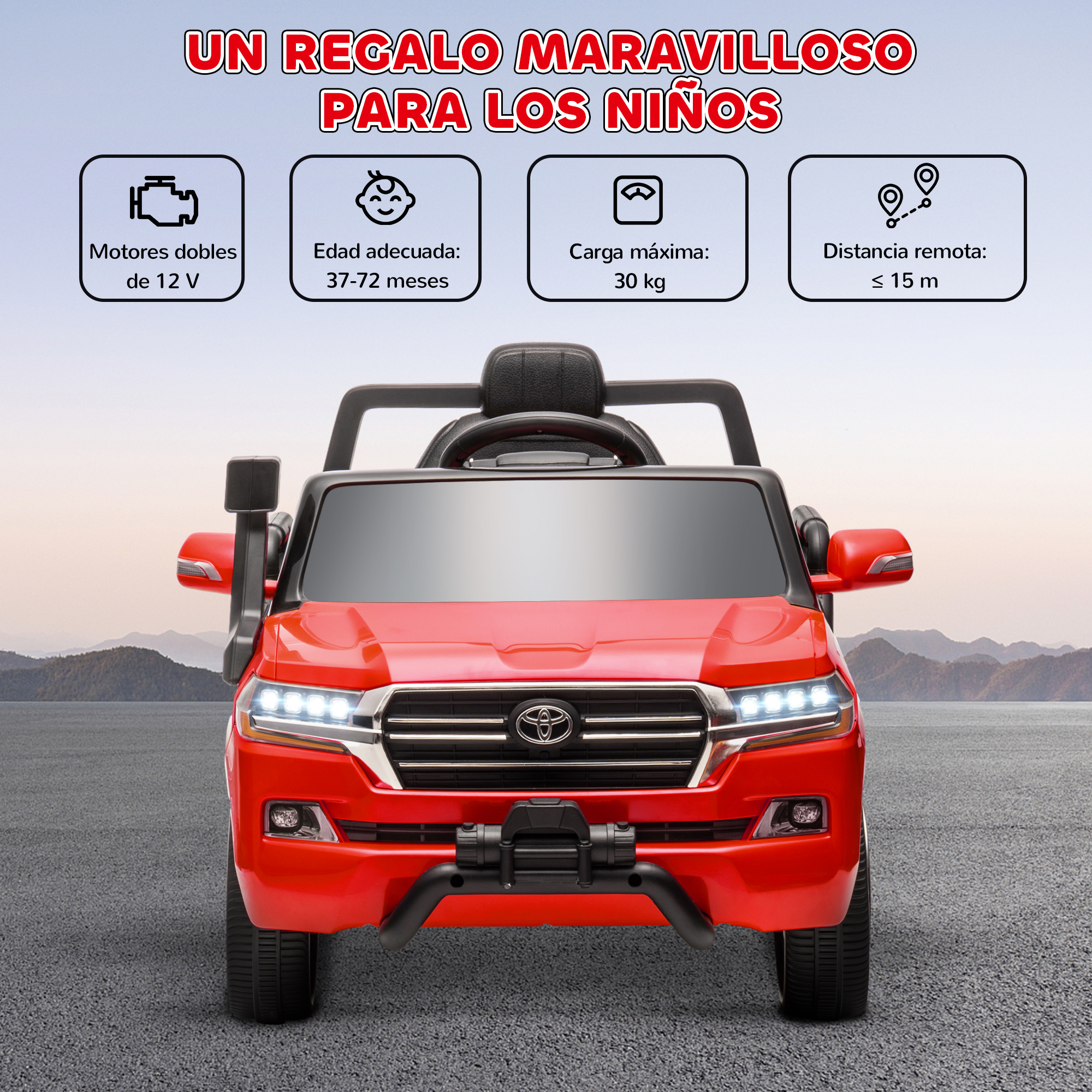 Un coche de juguete rojo con faros y techo negro. Tiene las palabras 'UN REGALO MARAVILLOSO PARA LOS NIÑOS'.
