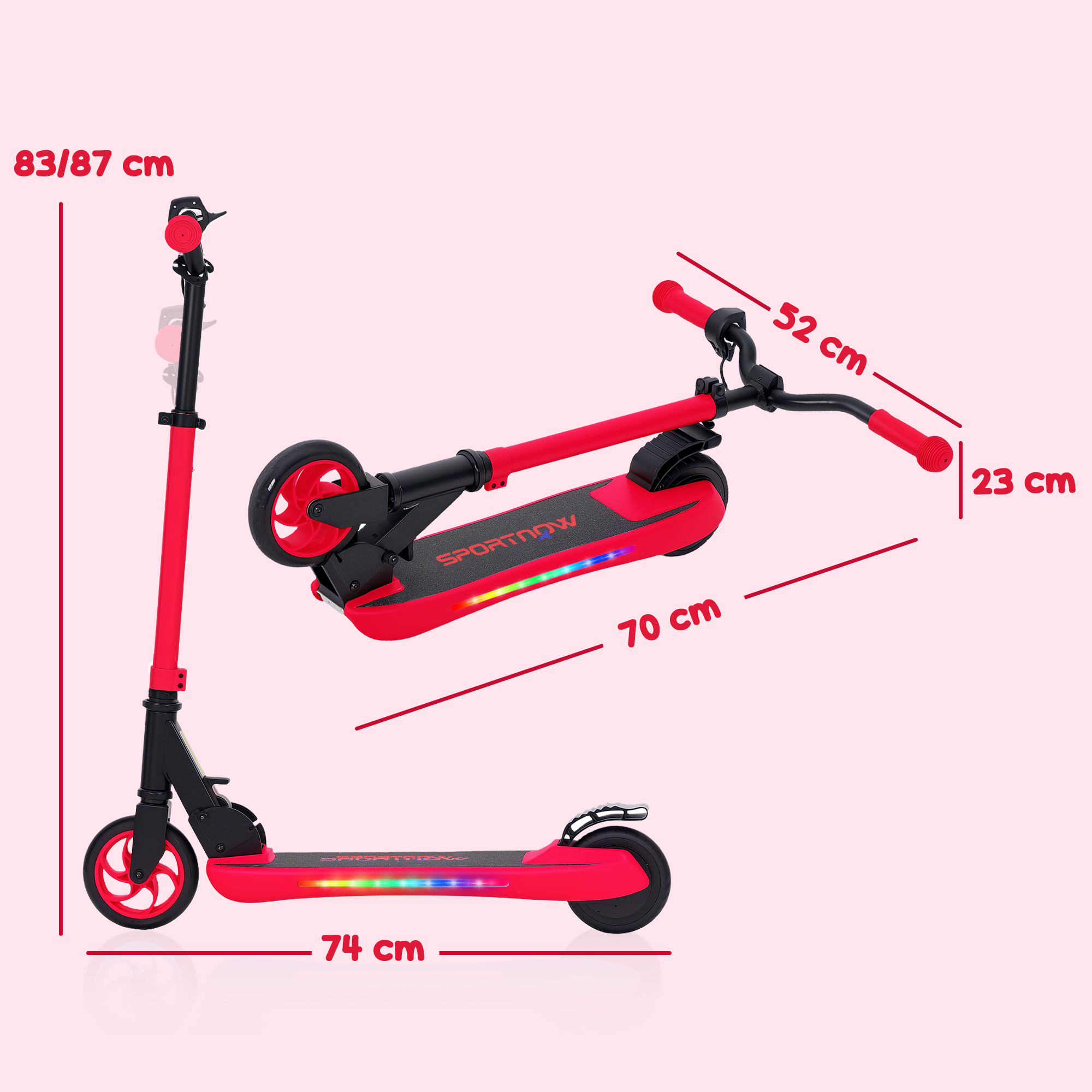 Scooter rojo y negro con medidas y dimensiones.