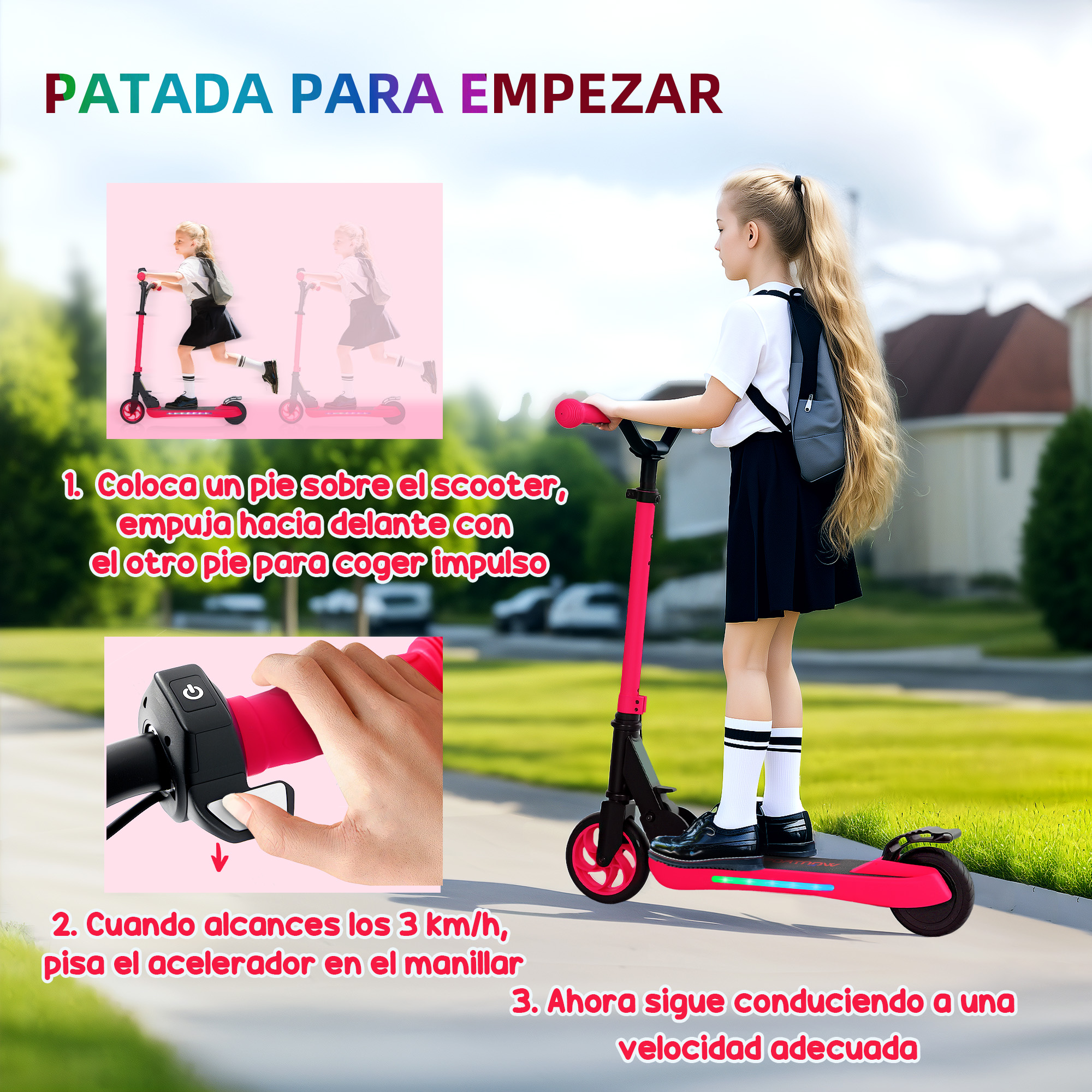 Niña en patinete rosa. Instrucciones con imágenes, mostrando cómo arrancar y usar el patinete.